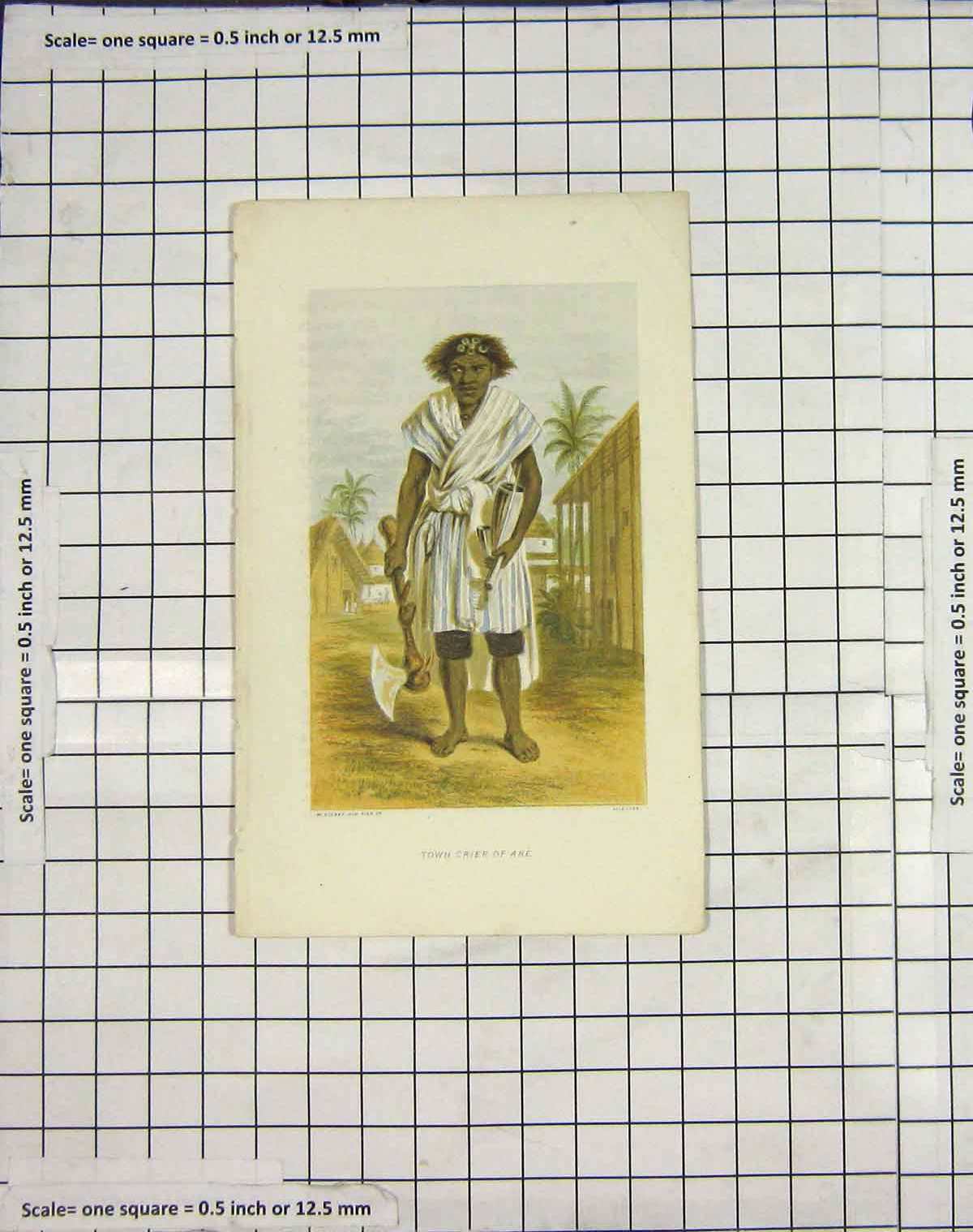 Original Old Antique Print Colour Town Crier Ake Native Dickes