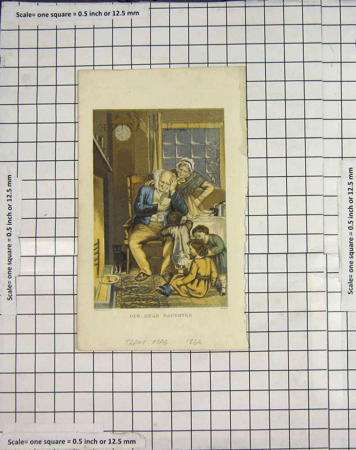 Original Old Antique Print 1866 Man Lady Chidlren Dear Daughters 19th