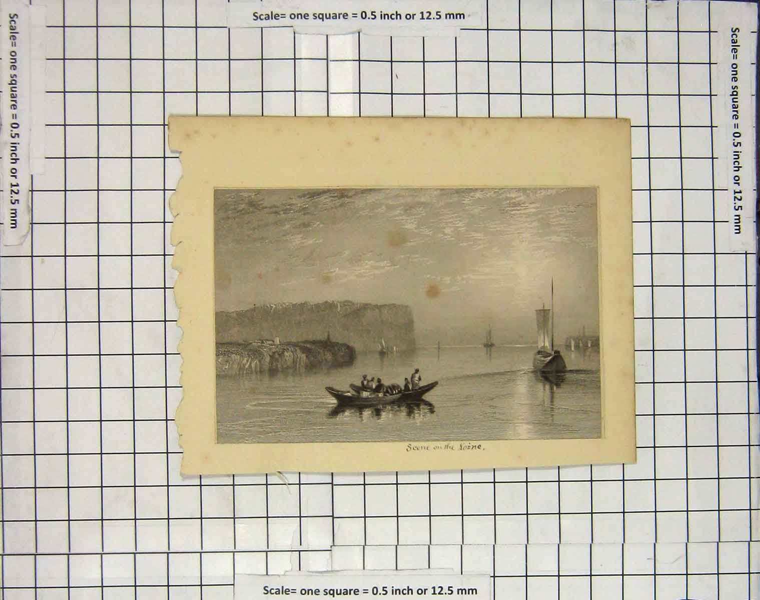 Original Old Antique Print Scene Loine River Boats Engraving