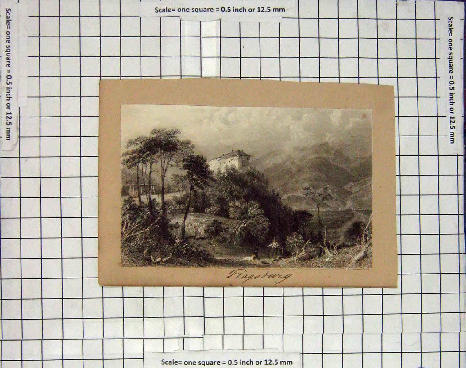 Original Old Antique Print View Fragsburg Mountains House Trees 18th Century