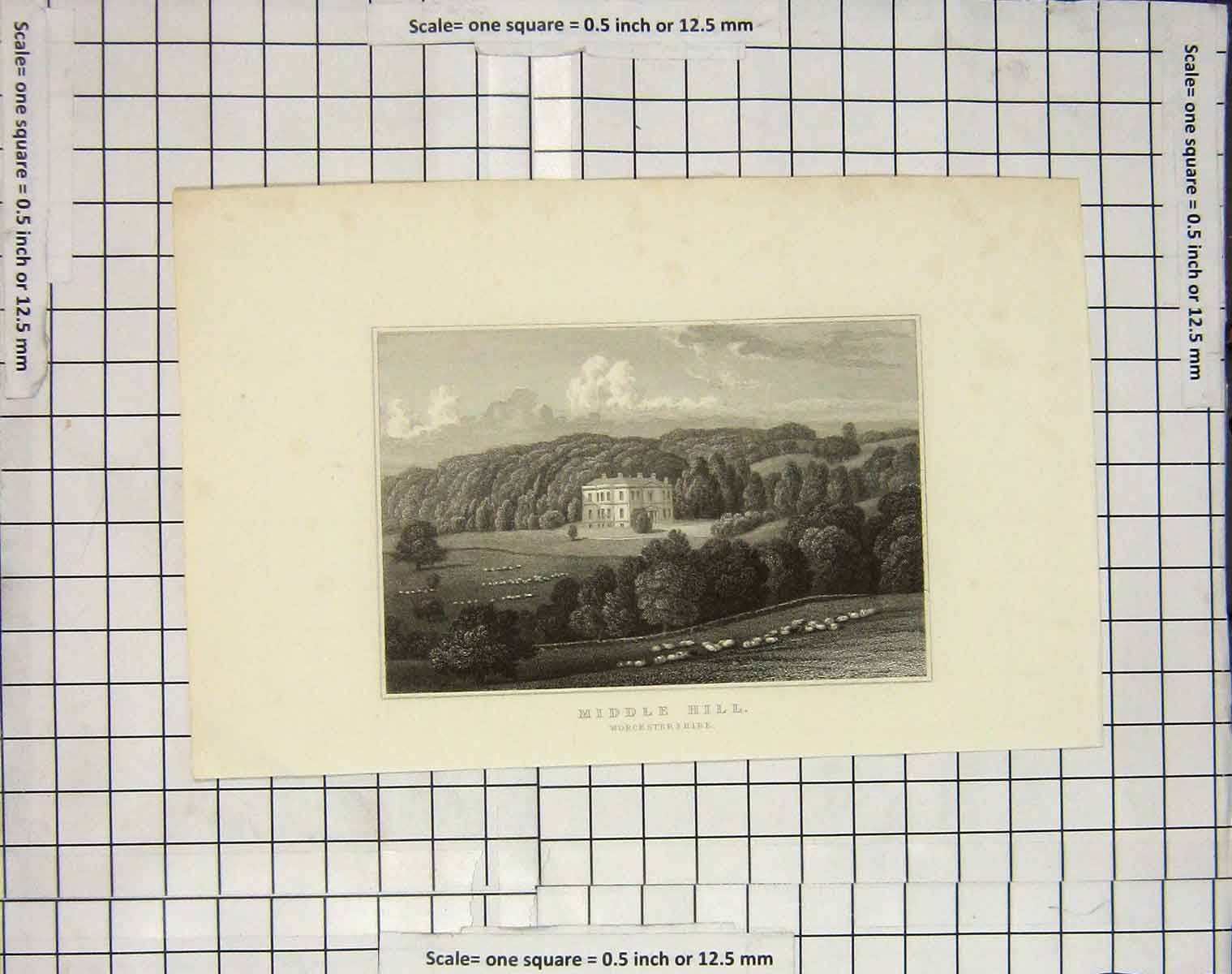 Original Old Antique Print View Middle Hill Worcestershire Building 20th