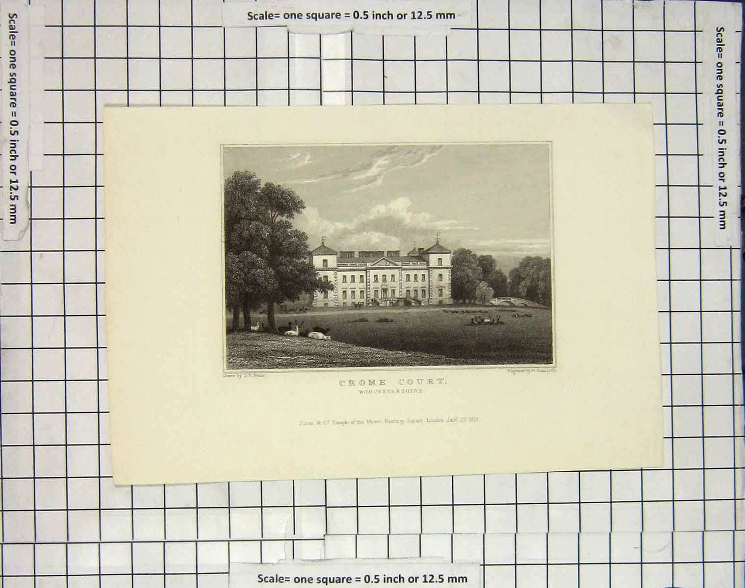 Original Old Antique Print 1831 Crome Court Worcestershire Radclyffe 19th