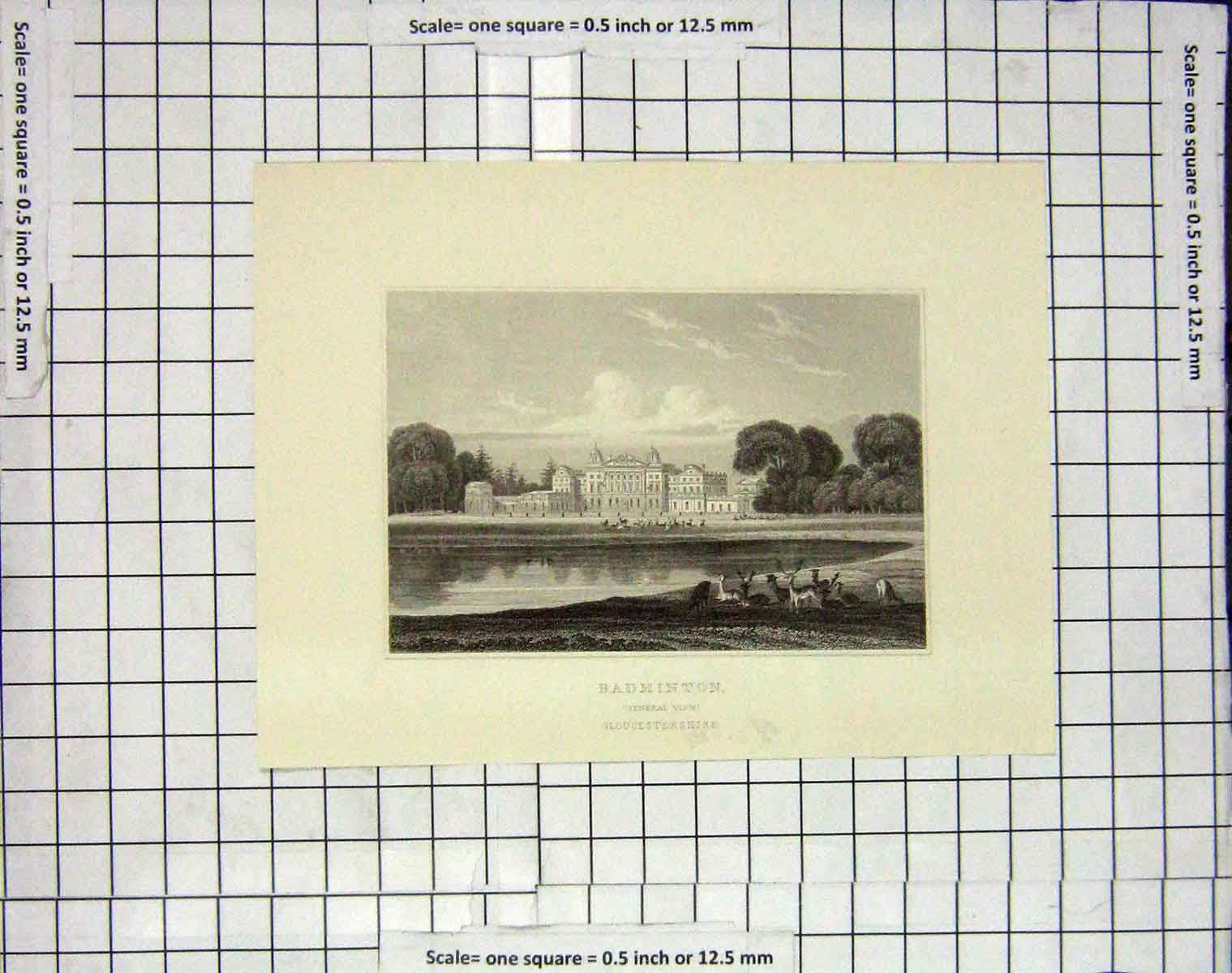 Original Old Antique Print View Badminton Gloucestershire Engraving 20th