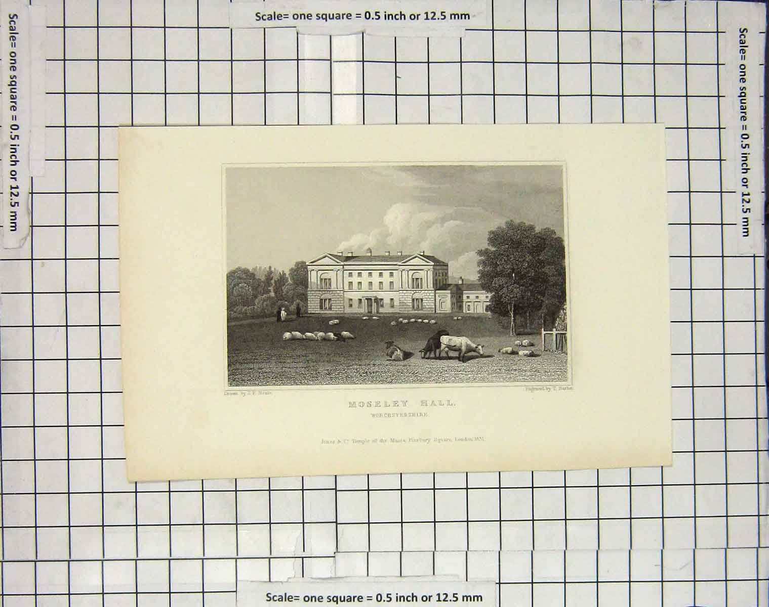Original Old Antique Print 1831 Moseley Hall Worcestershire Barber 19th Century