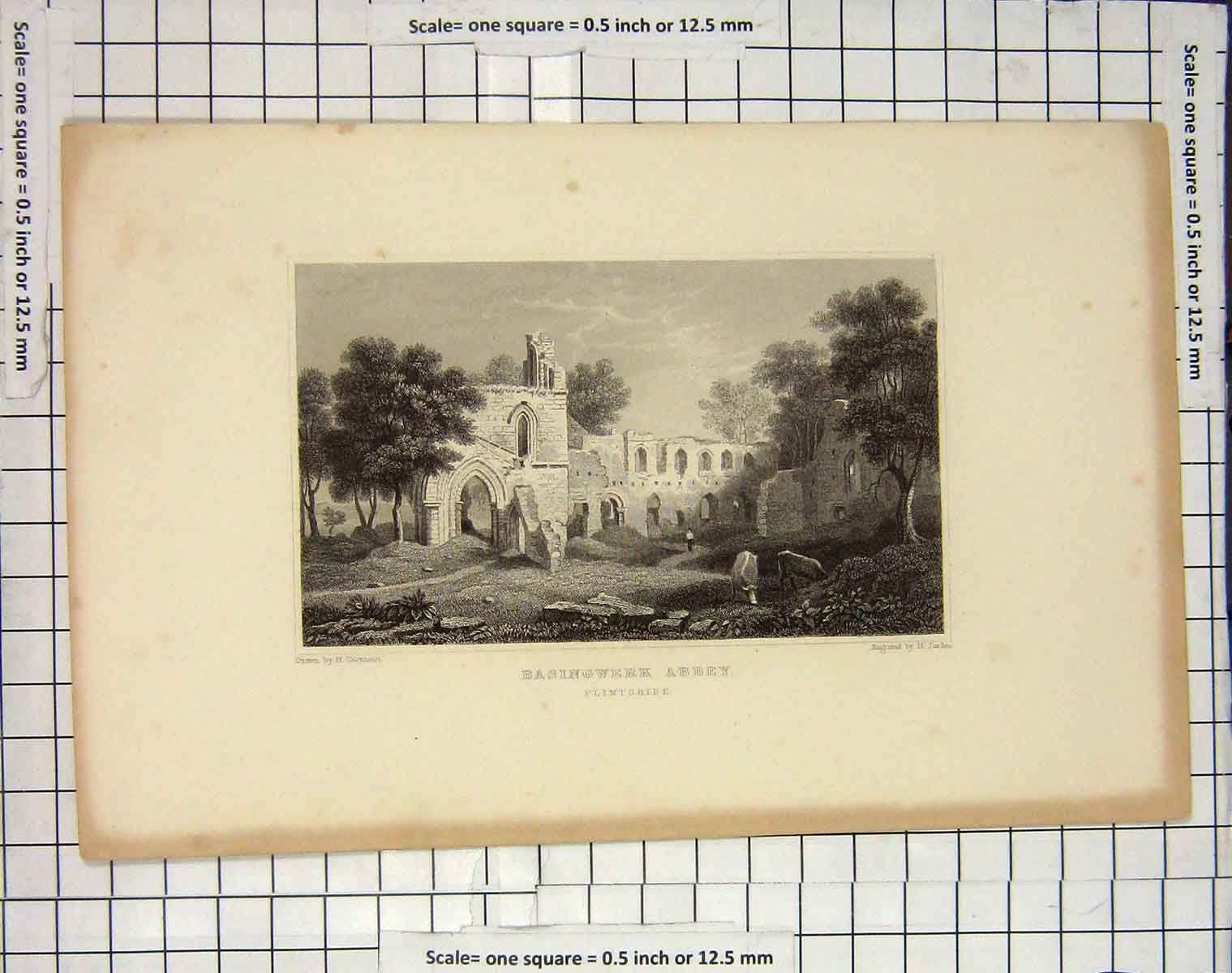 Original Old Antique Print Basingwerk Abbey Flintshire Jorden 20th Century