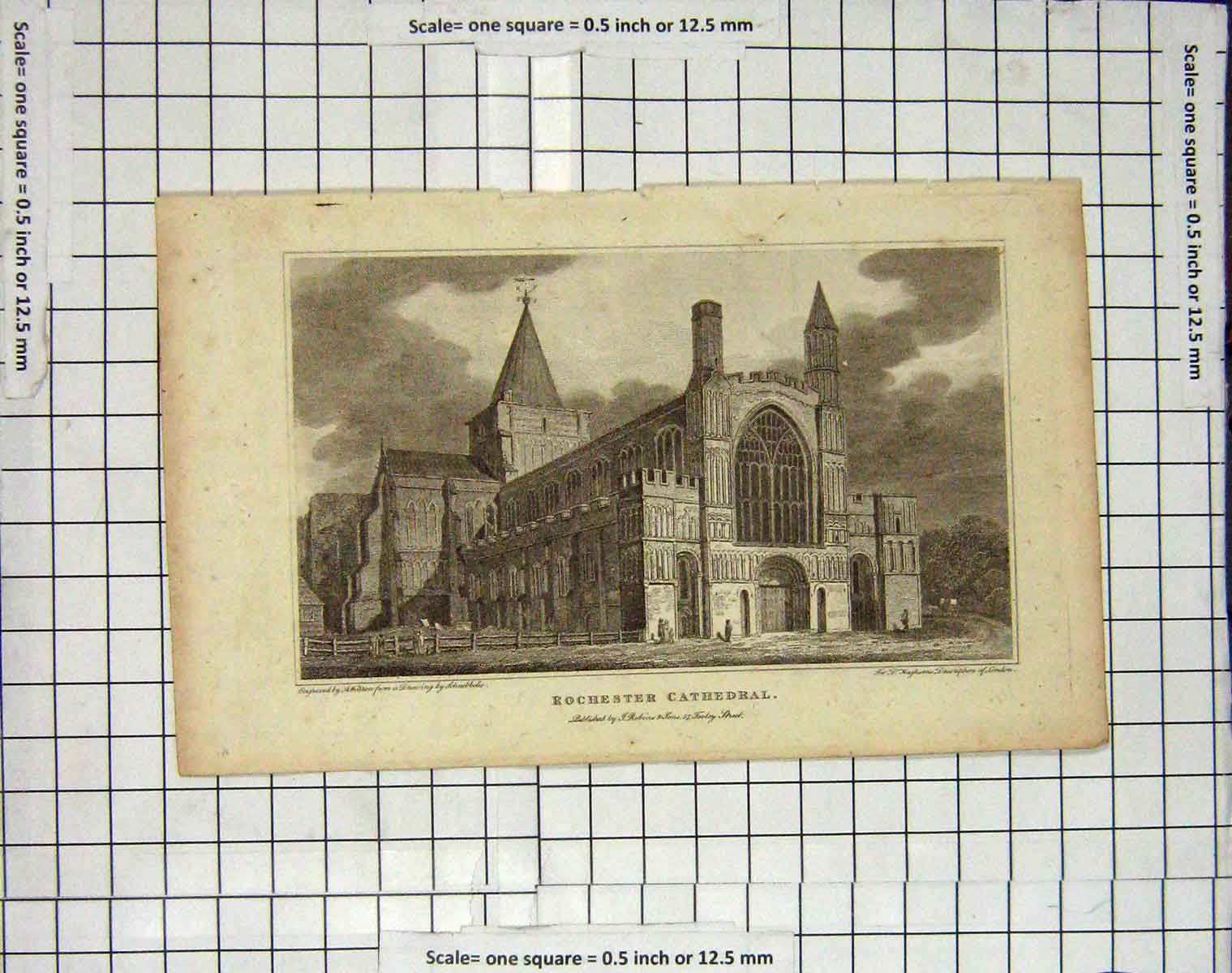 Original Old Antique Print Rochester Cathedral Architecture Warren 20th Century