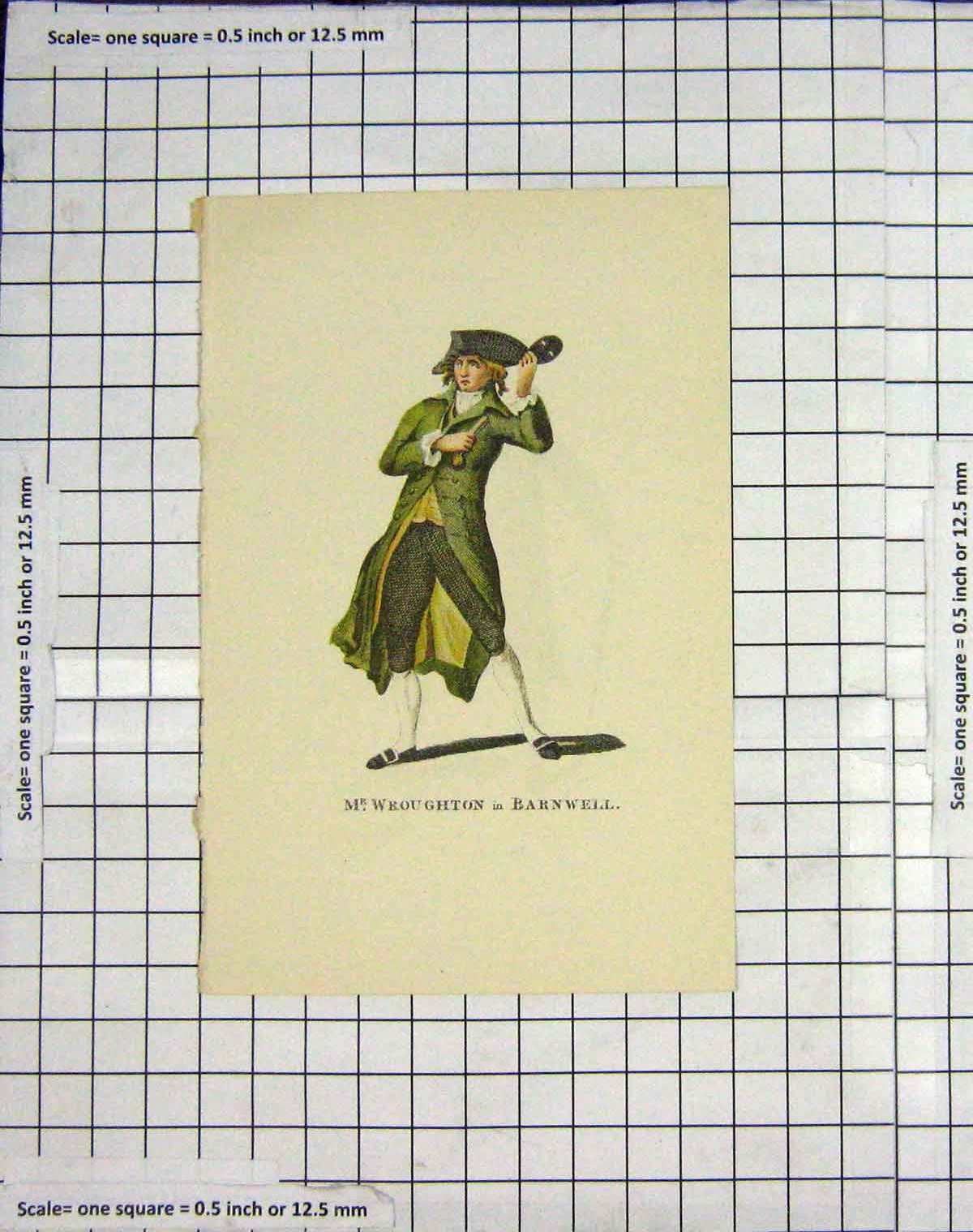 Original Old Antique Print Mr Wroughton Barnwell Theatre Parsons Col. boy
