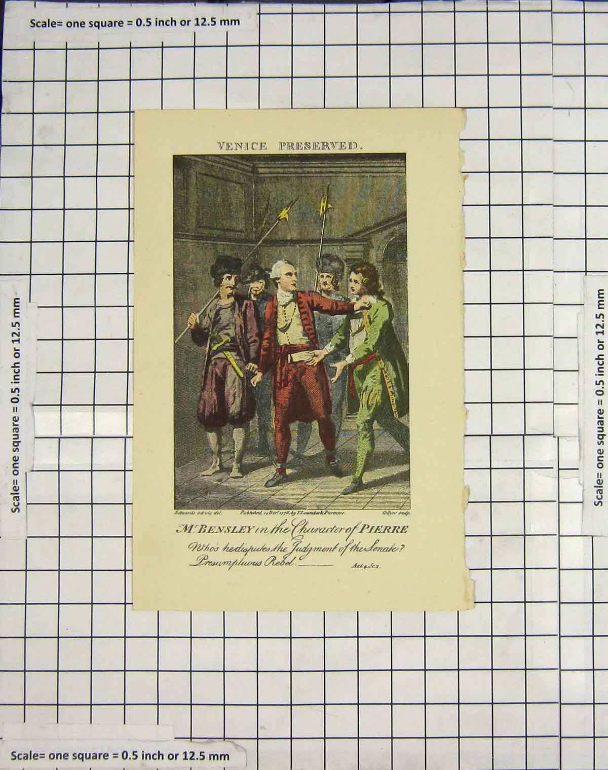 Original Old Antique Print Bensley Pierre Theatre Palmer Hopkins