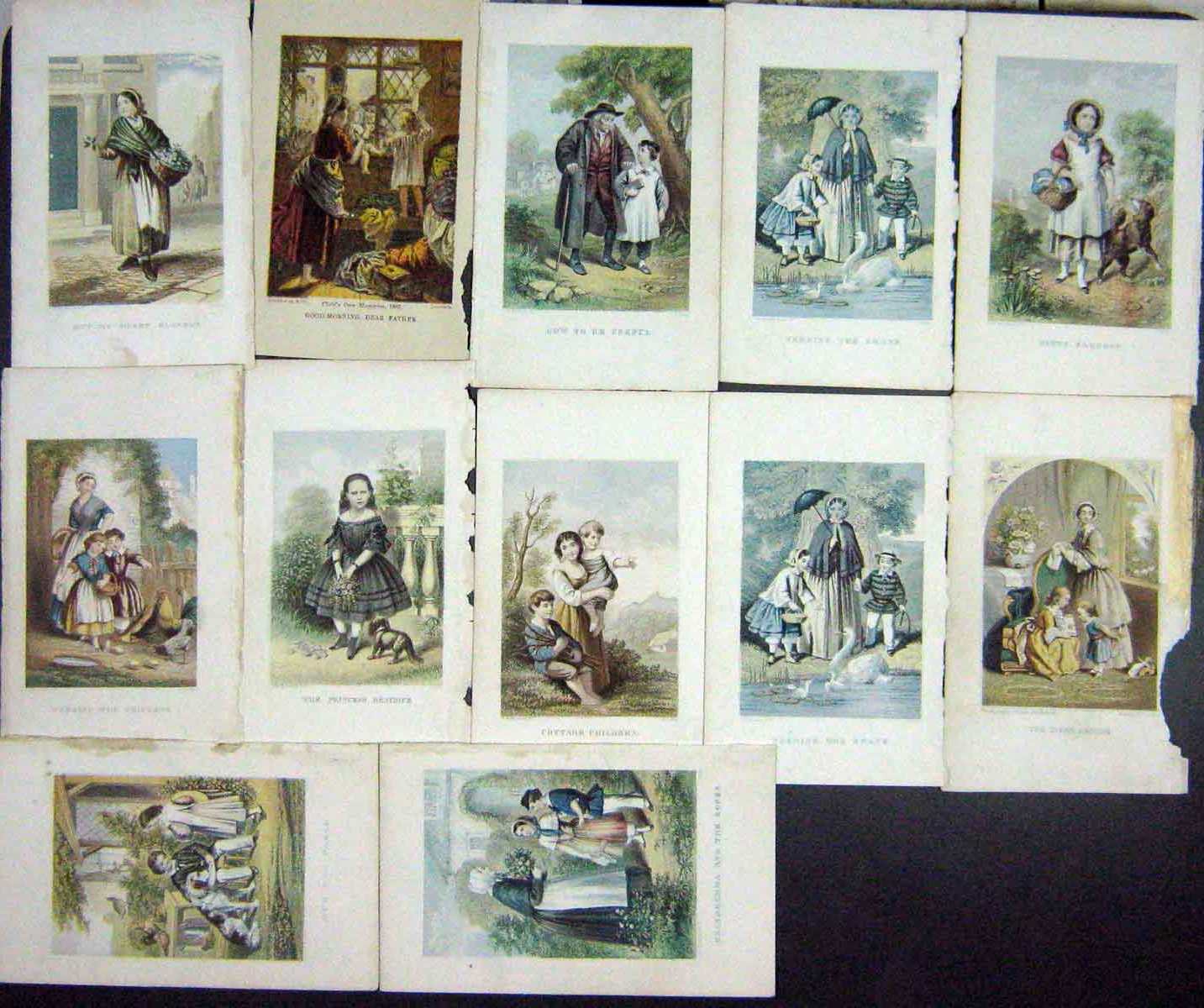 Original Old Antique Print Twelve Patty Parsons Swan Flowers People School
