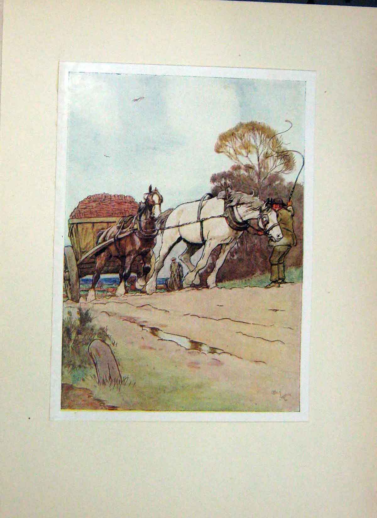Old Antique Print Black Beauty Horse Anna Sewell Cart Stuck Mud Farming