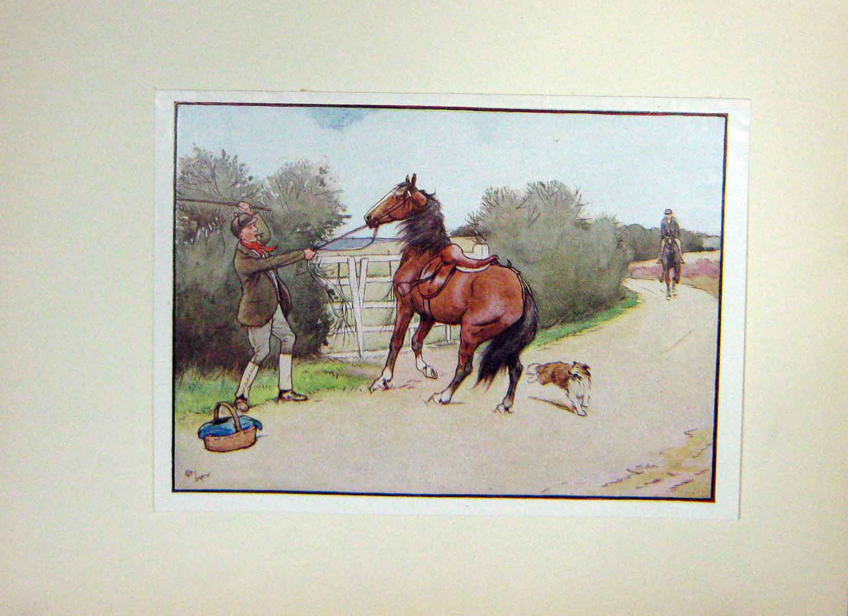 Old Antique Print Black Beauty Horse Anna Sewell Man Collie Dog Thrashing