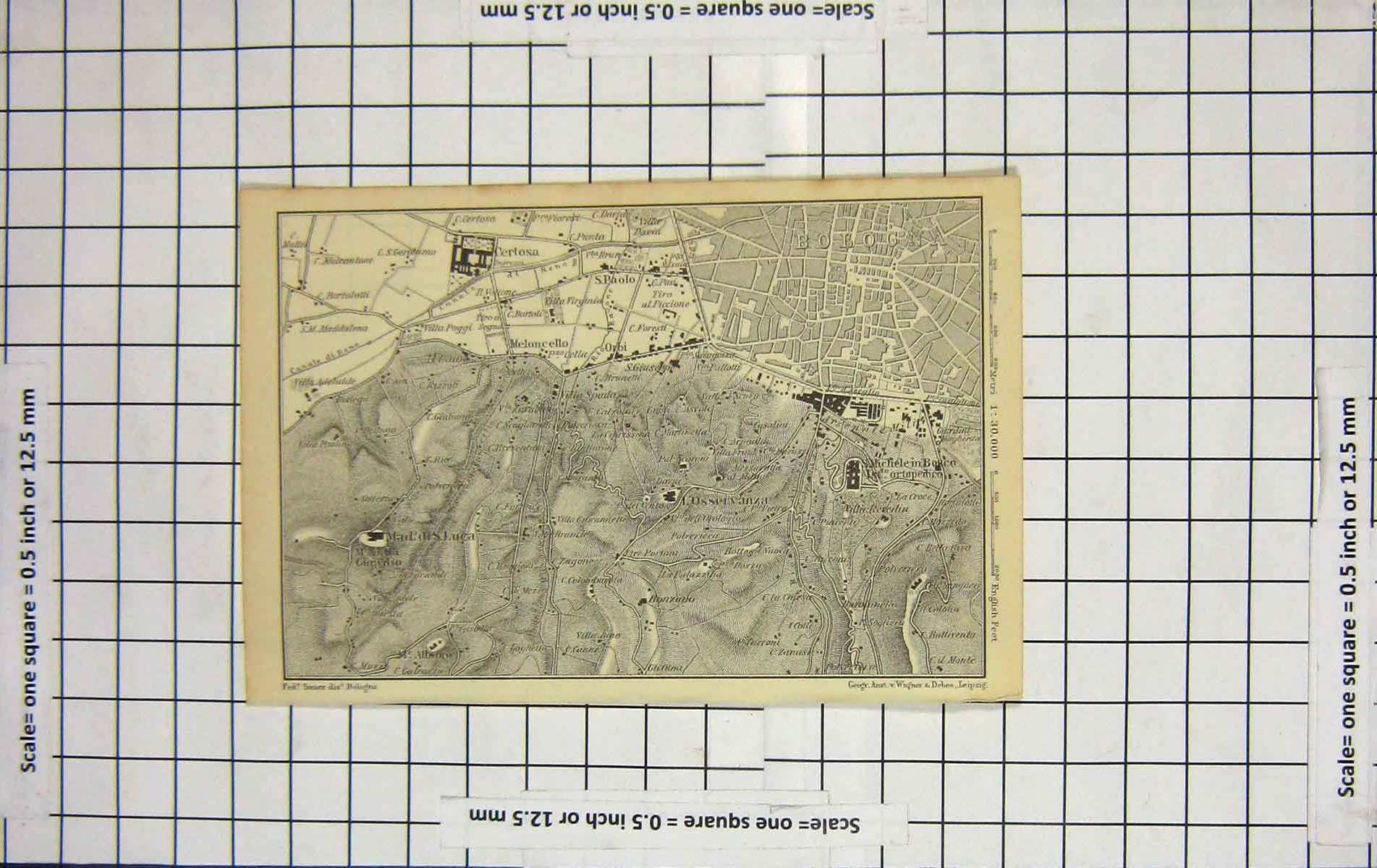 Original Old Antique Print Map Italy Street Plan Certosa Luca Bologna