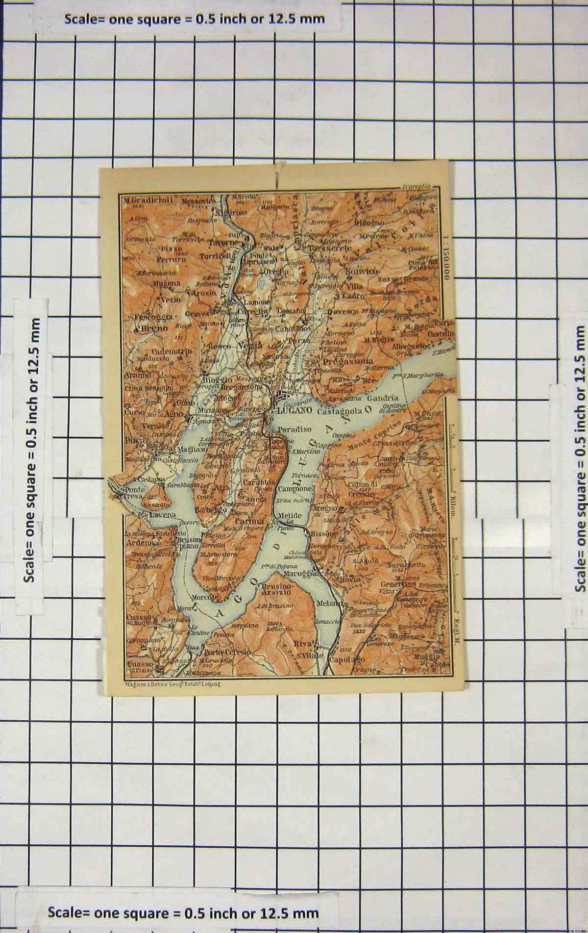 Original Old Antique Print Map Italy Lugano Pregassona Lago Luggano
