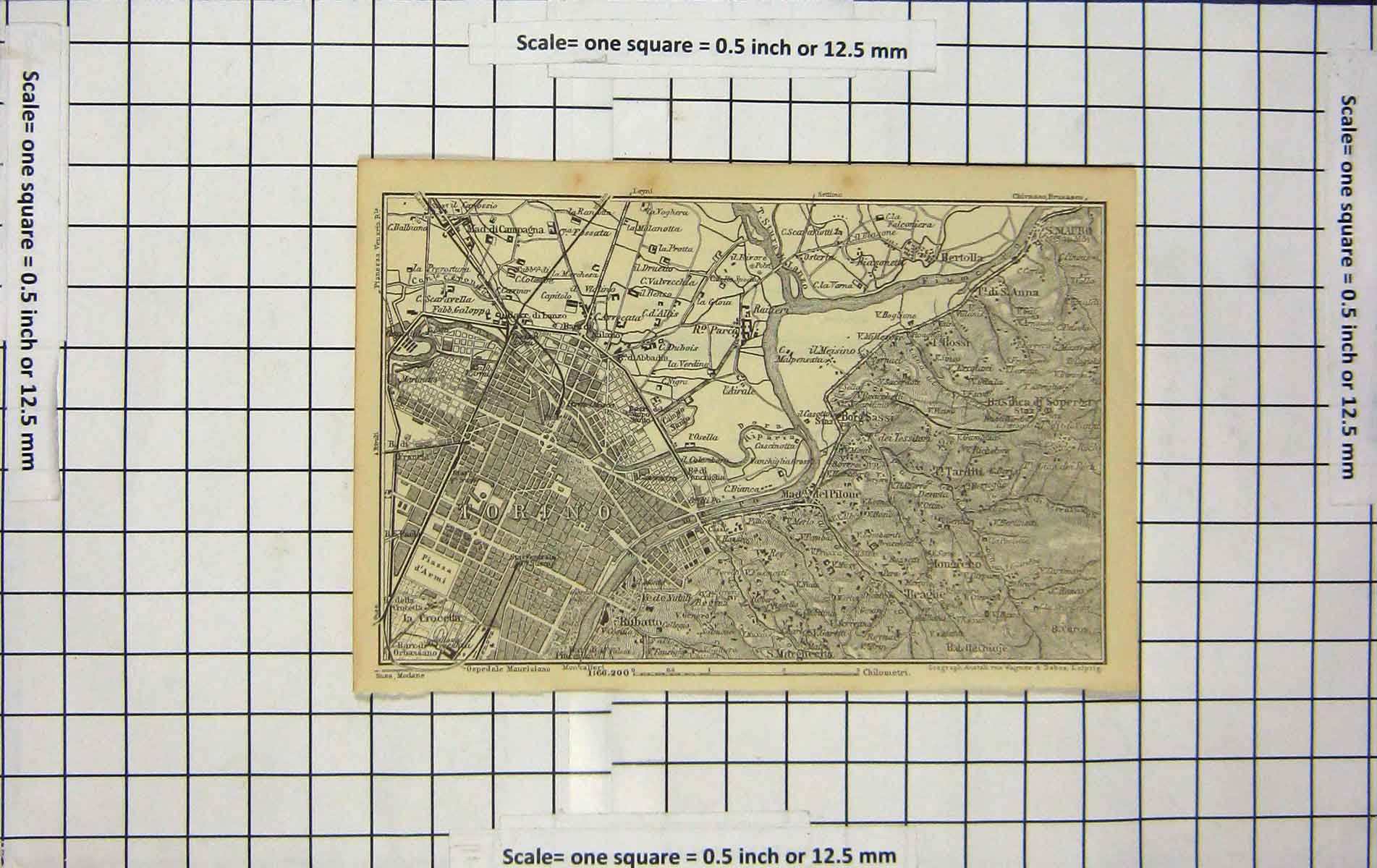 Original Old Antique Print Map Italy Street Plan Torino Panorama Antonelliana