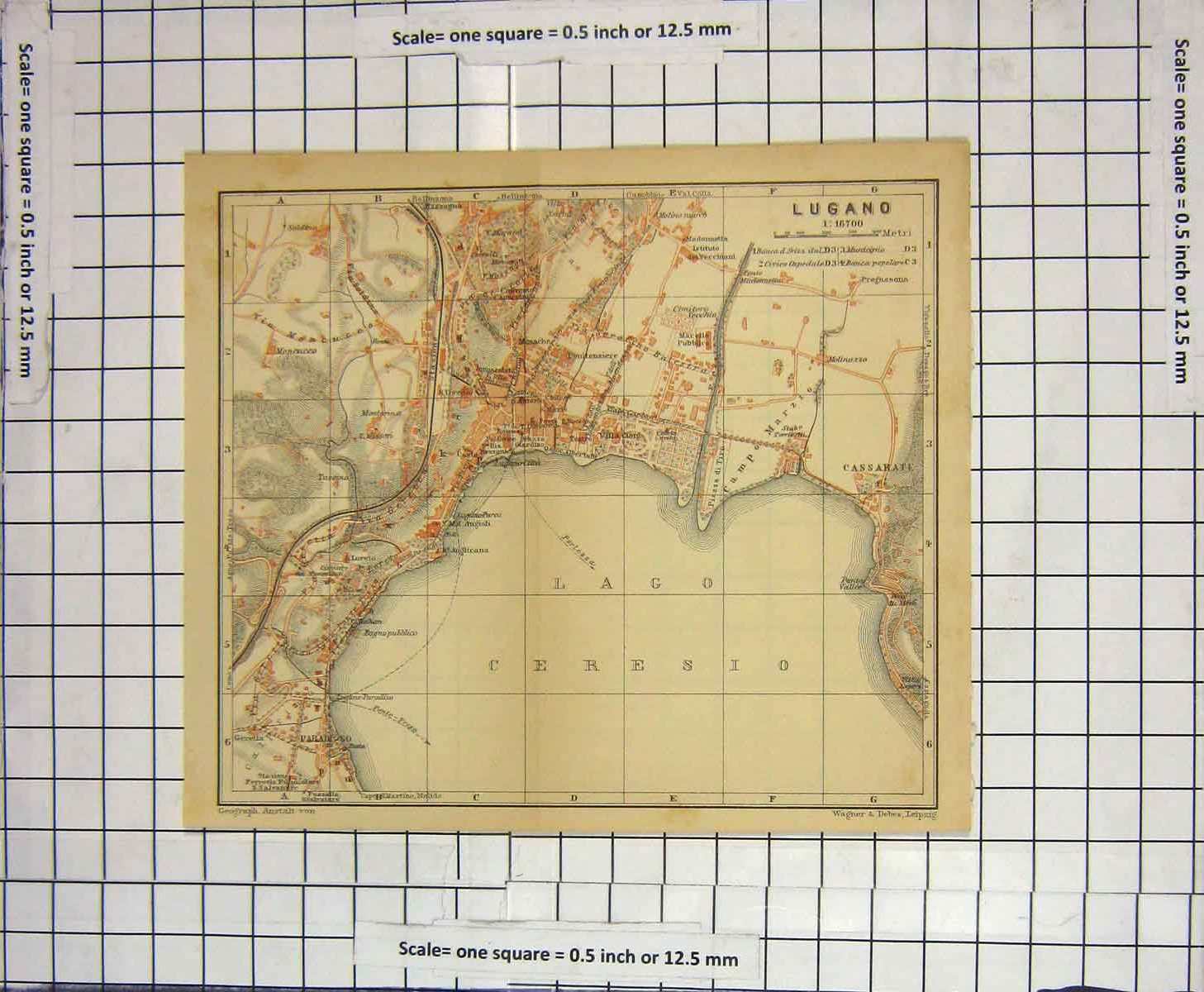 Original Old Antique Print Map Italy Street Plan Lugano Lago Ceresio