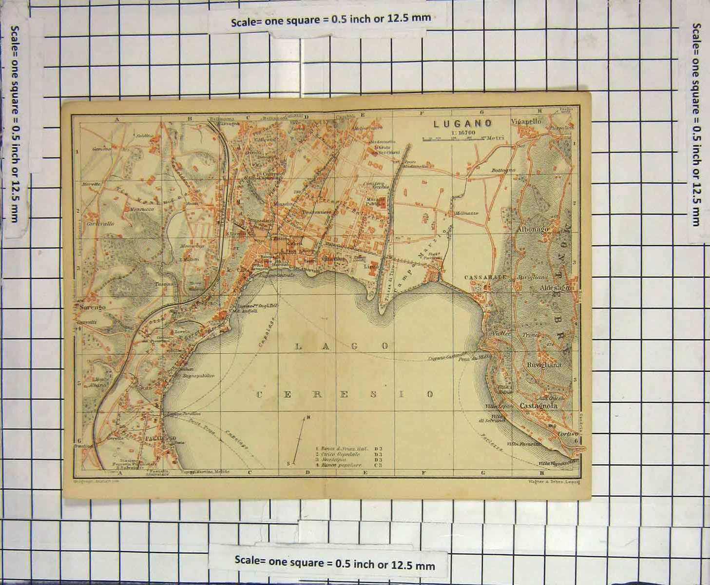 Original Old Antique Print Map Italy Street Plan Lugano Lago Cerresio