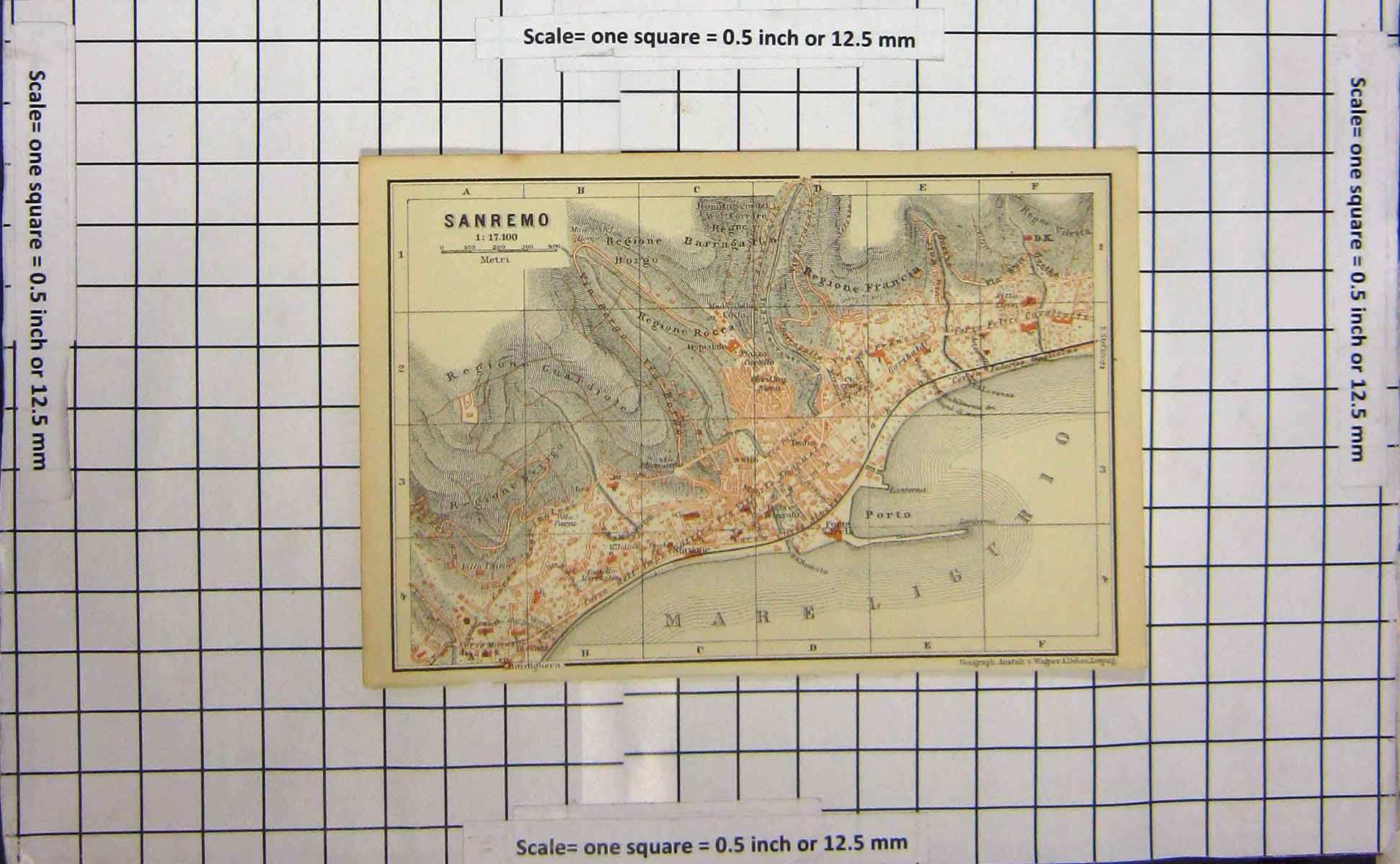 Original Old Antique Print Map Italy Street Plan San Remo Porto Ligurio