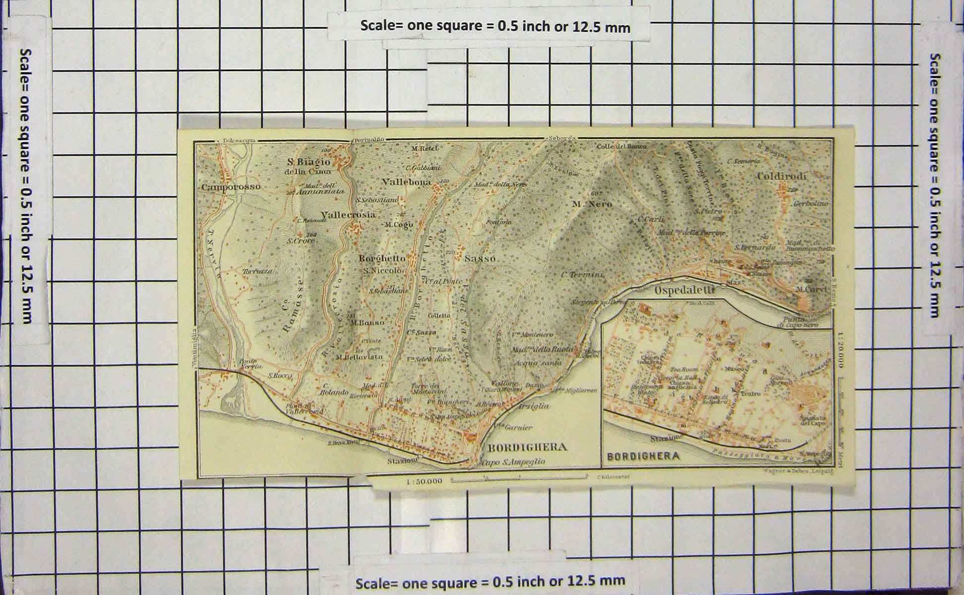 Original Old Antique Print *108 Map Italy Plan Bordighera Ospedaletti Sasso