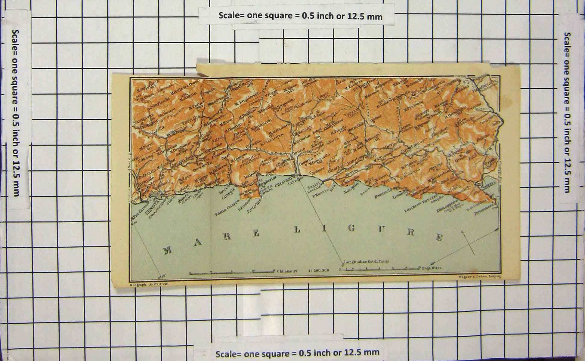 Original Old Antique Print Map Italy Spezia Genova Chiavari Sestri Levanto