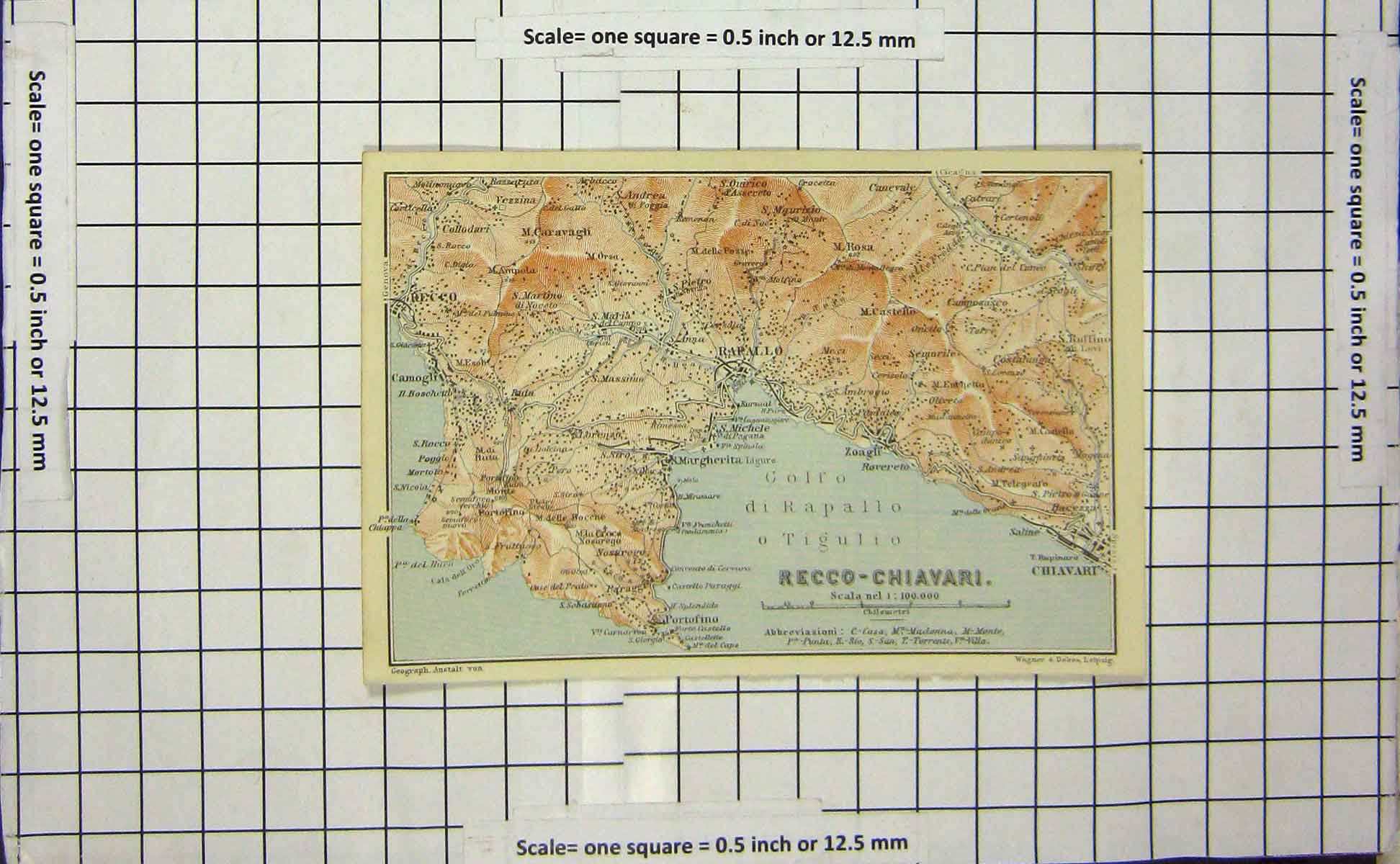 Original Old Antique Print Map Italy Recco Chiavari Portofino Rapallo