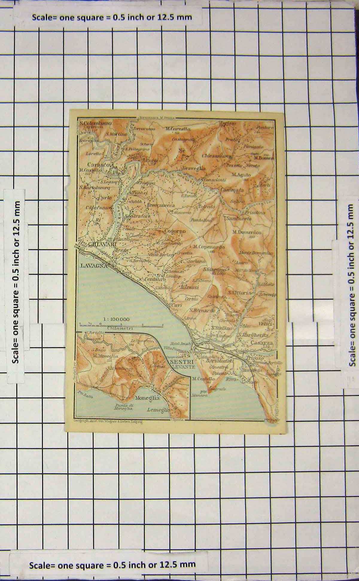 Original Old Antique Print Map Italy Sestri Lavagna Chiavari Mongelia Riva