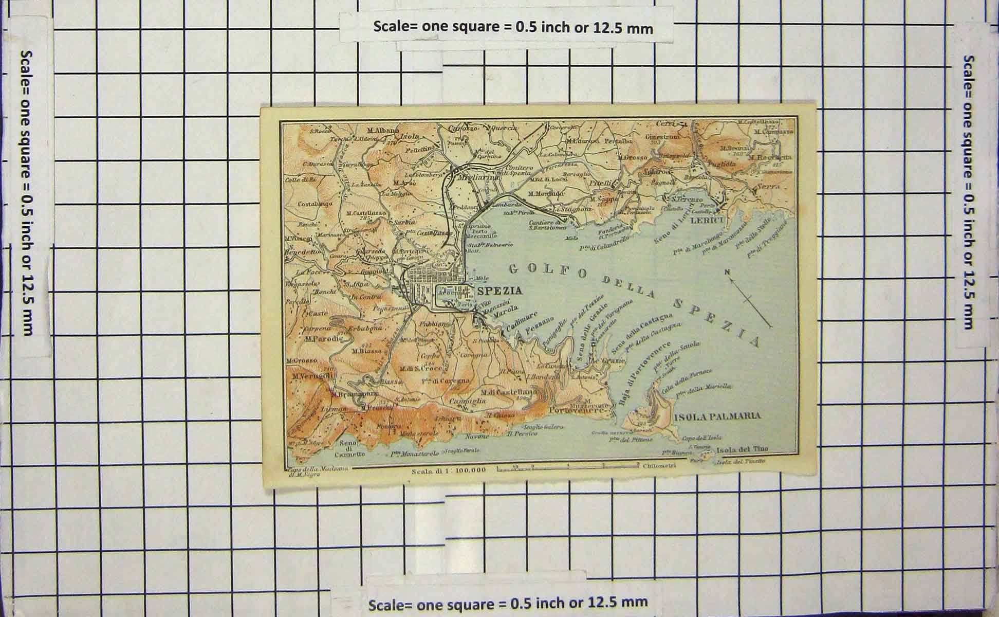 Original Old Antique Print *3667 Map Italy Spezia Isola Palmaria Lerici Golfo