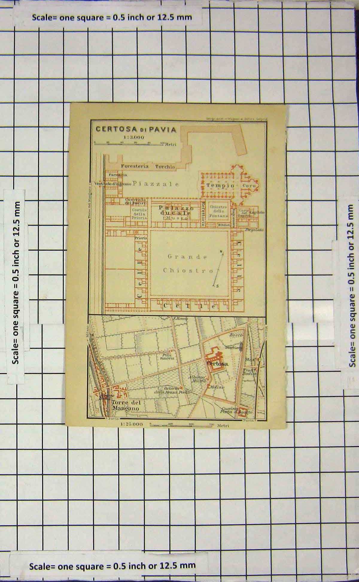 Original Old Antique Print *109 Map Italy Plan Certosa Pavia Torre Mangano