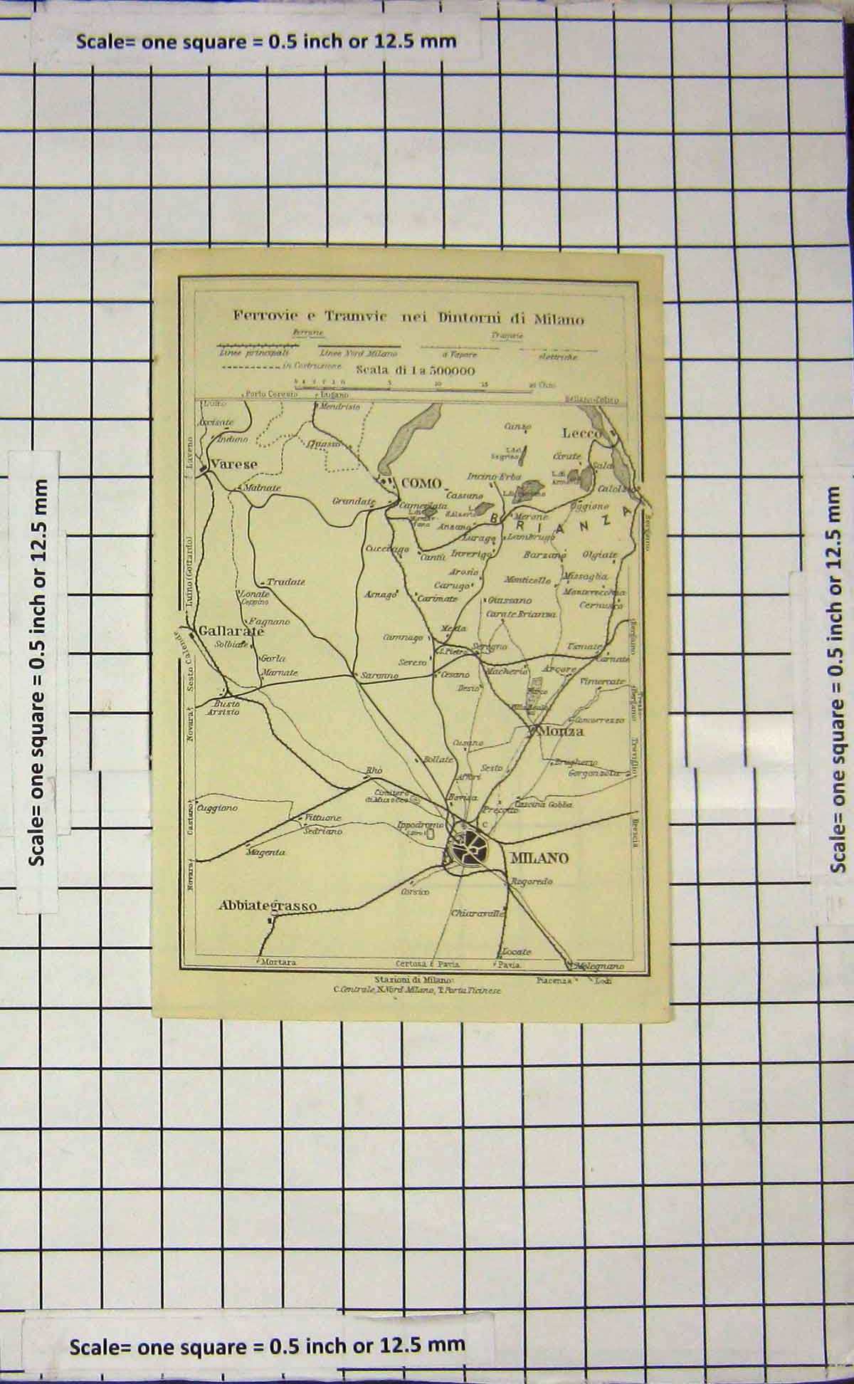 Original Old Antique Print Map Italy Street Plan Milano Como Monza Varese