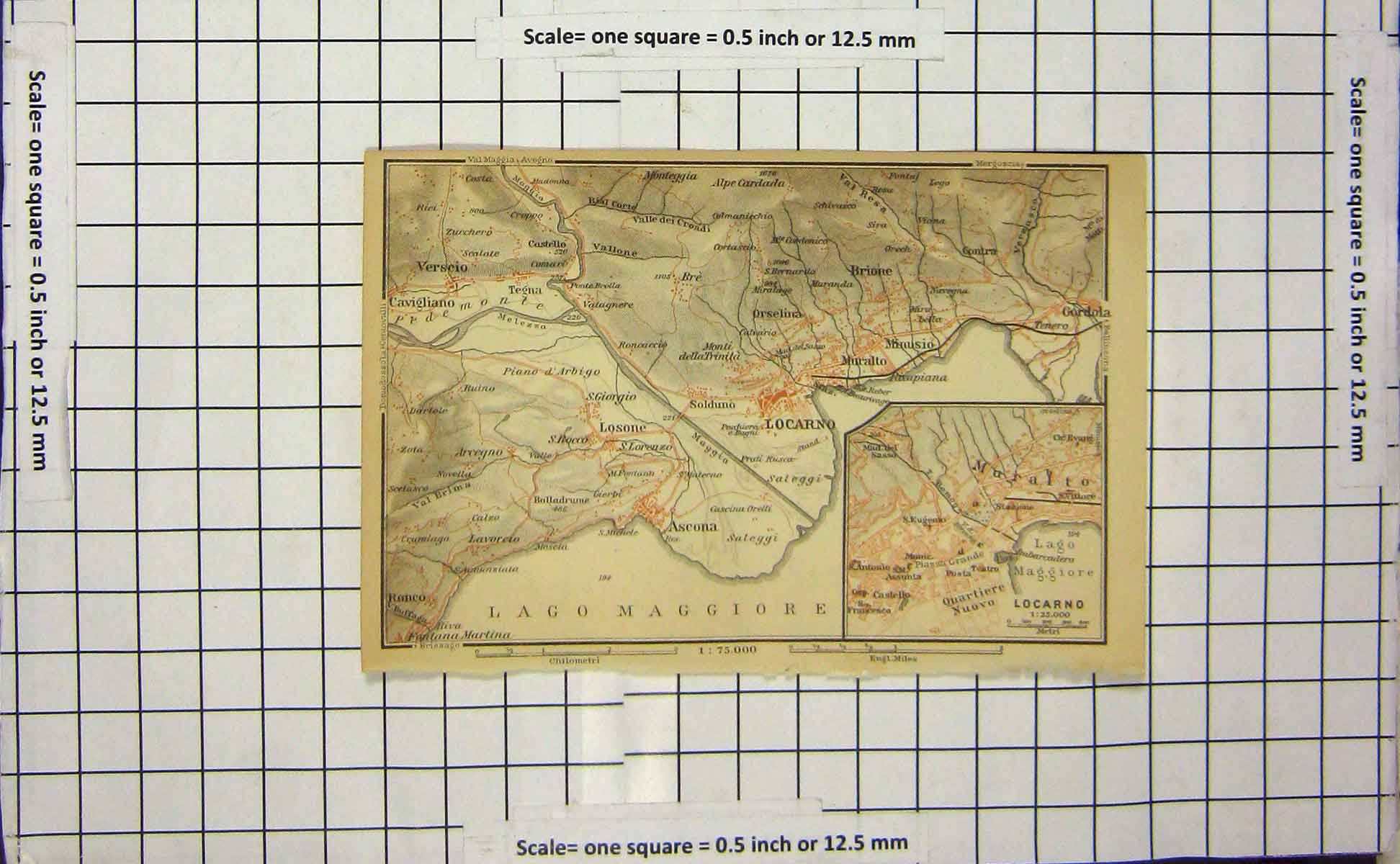Original Old Antique Print Map Italy Street Plan Locarno Verscio Gordola