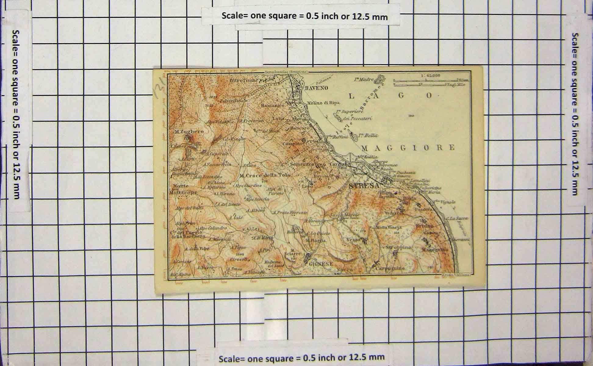 Original Old Antique Print Map Italy Pallanza Lago Maggiore Intra Suna