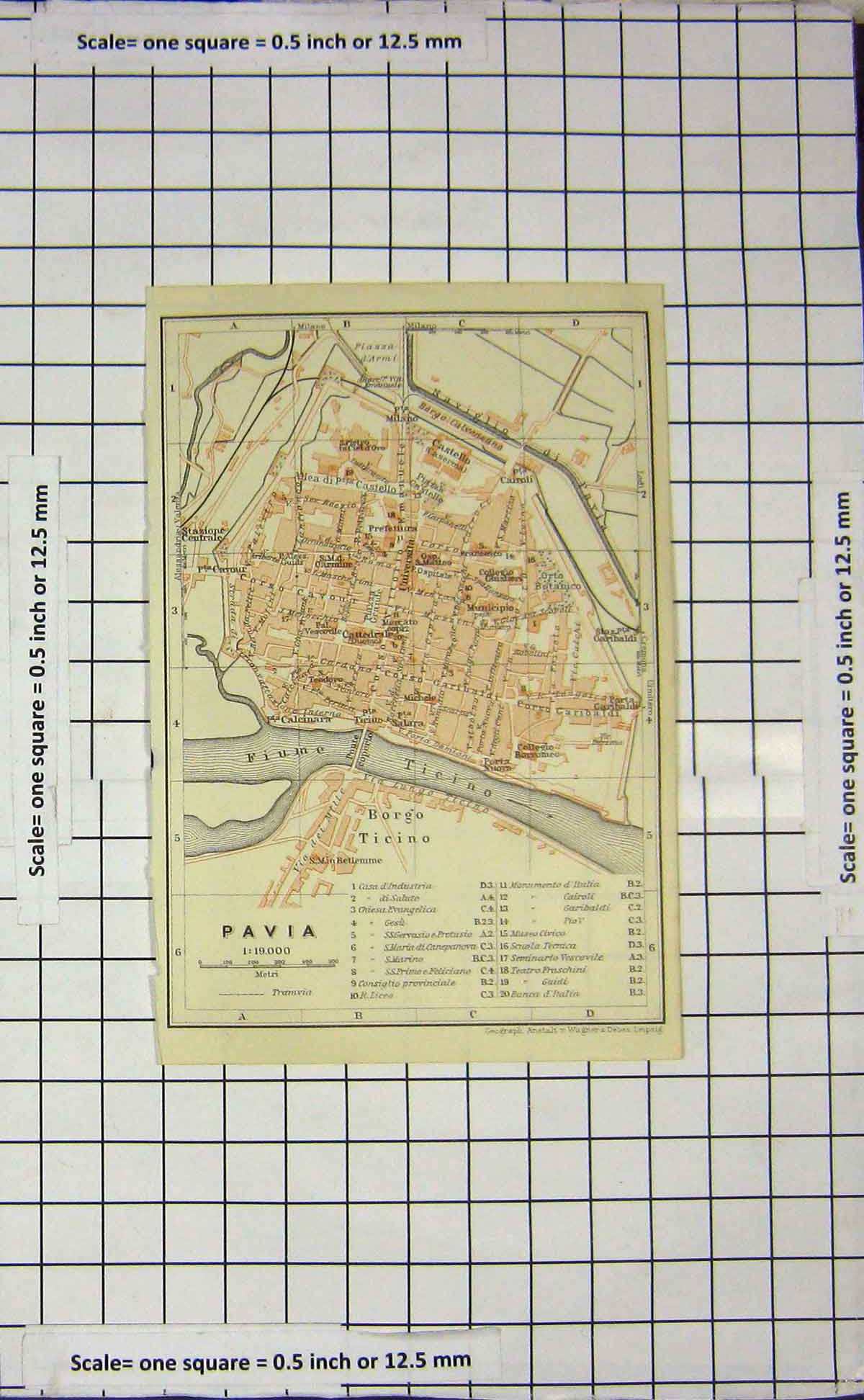 Original Old Antique Print *111 Map Italy Street Plan Pavia Borgo Ticino River