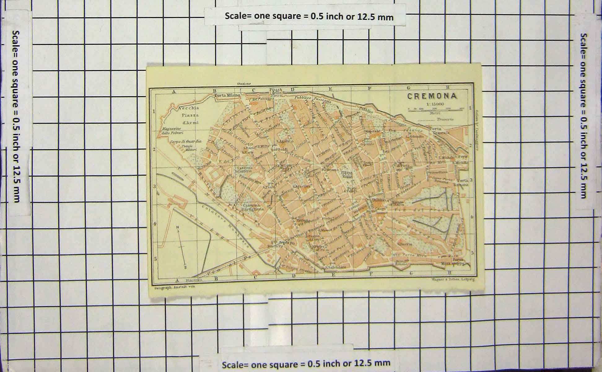 Original Old Antique Print Map Italy Street Plan Cremona Vecchia Piazza