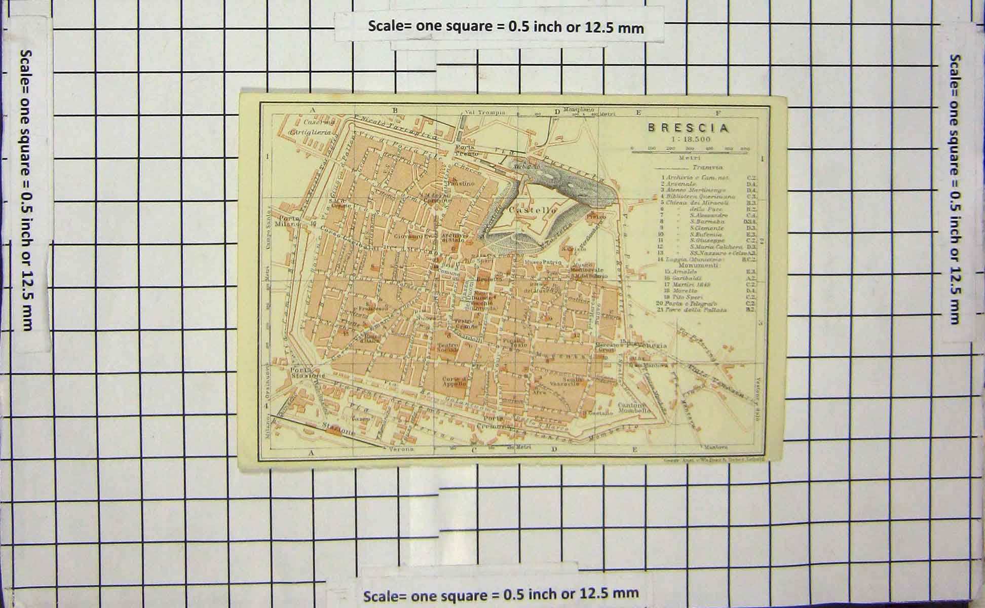 Original Old Antique Print *112 Map Italy Street Plan Brescia Castello