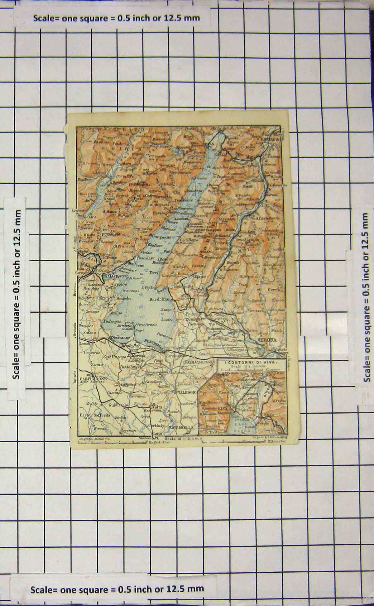 Original Old Antique Print Map Italy Verona Valeggio Riva Salo Lago Garda