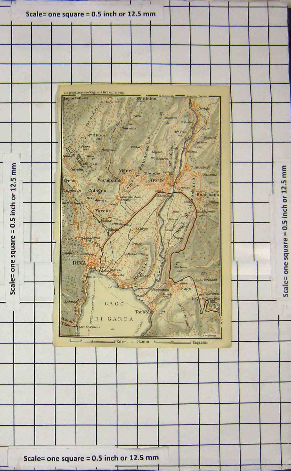Original Old Antique Print Map Italy Riva Torbole Arco Cologna Street Plan