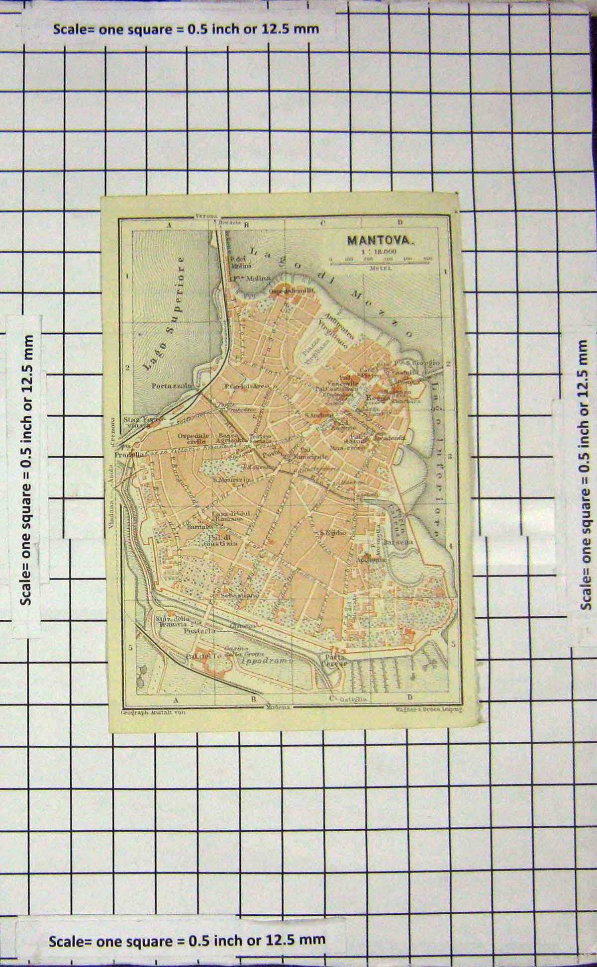 Original Old Antique Print Map Italy Street Plan Mantova Lago Superiore
