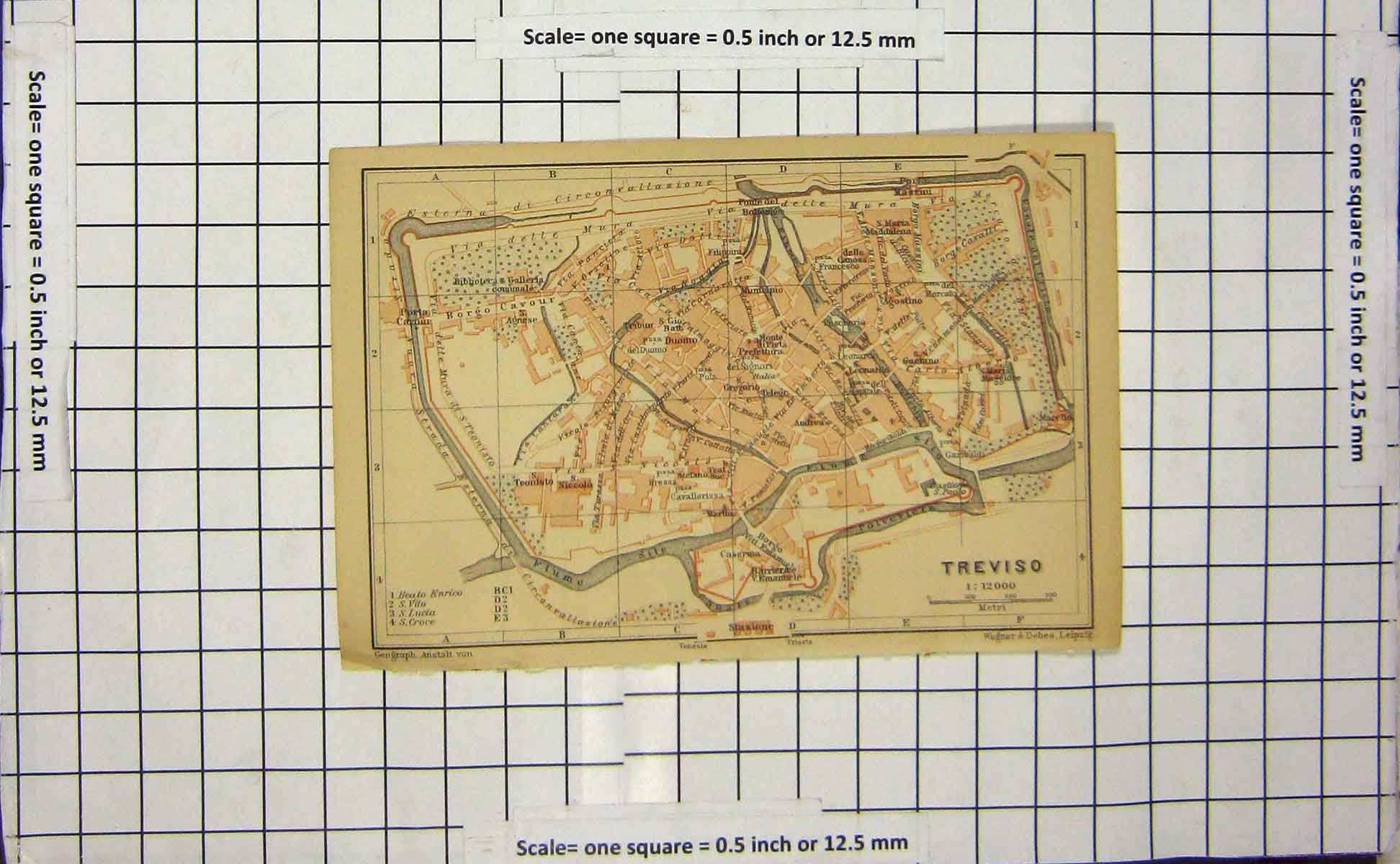 Original Old Antique Print Map Italy Street Plan Treviso Borgo Cavalli