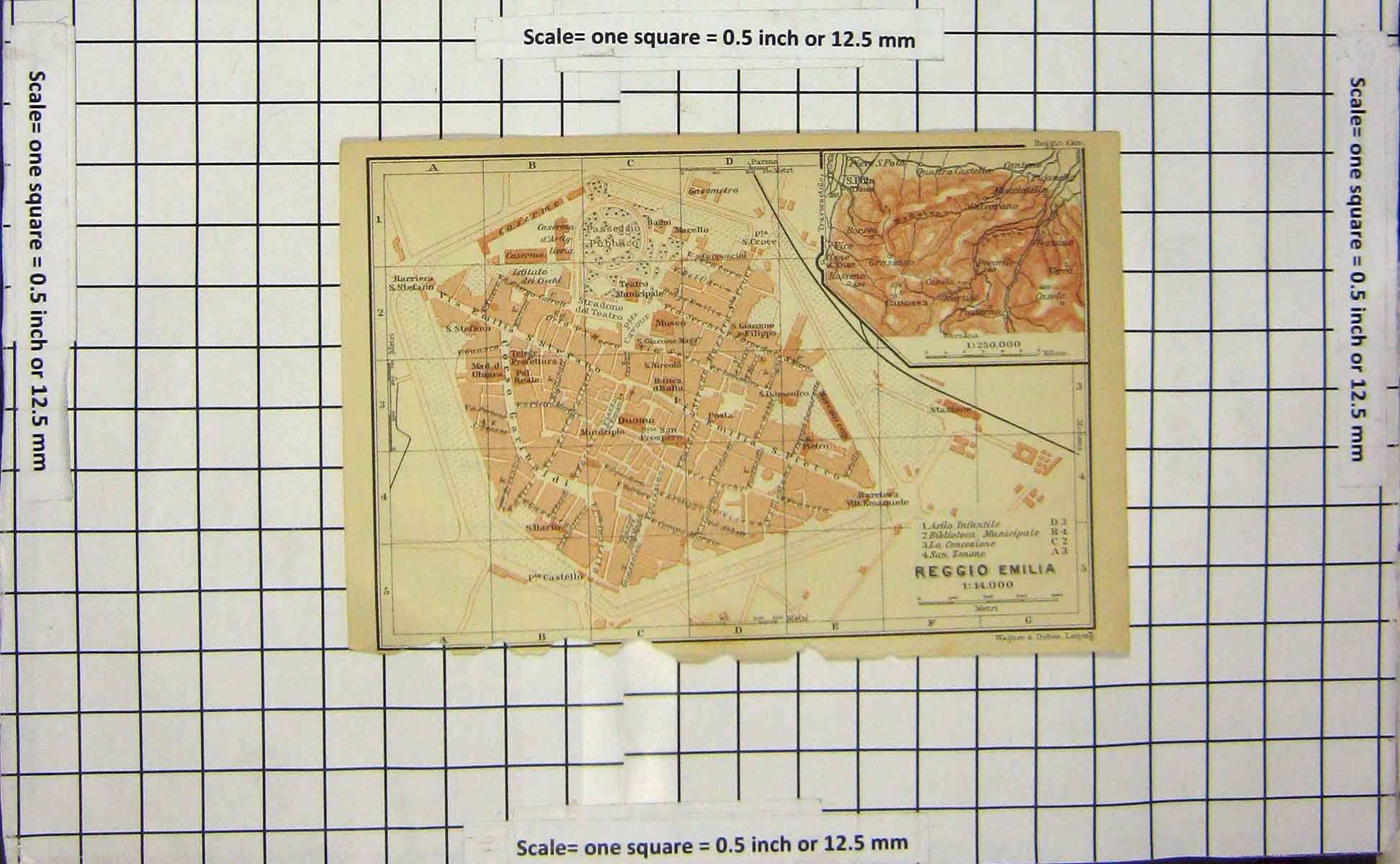Original Old Antique Print Map Italy Street Plan Reggio Emilia Colour