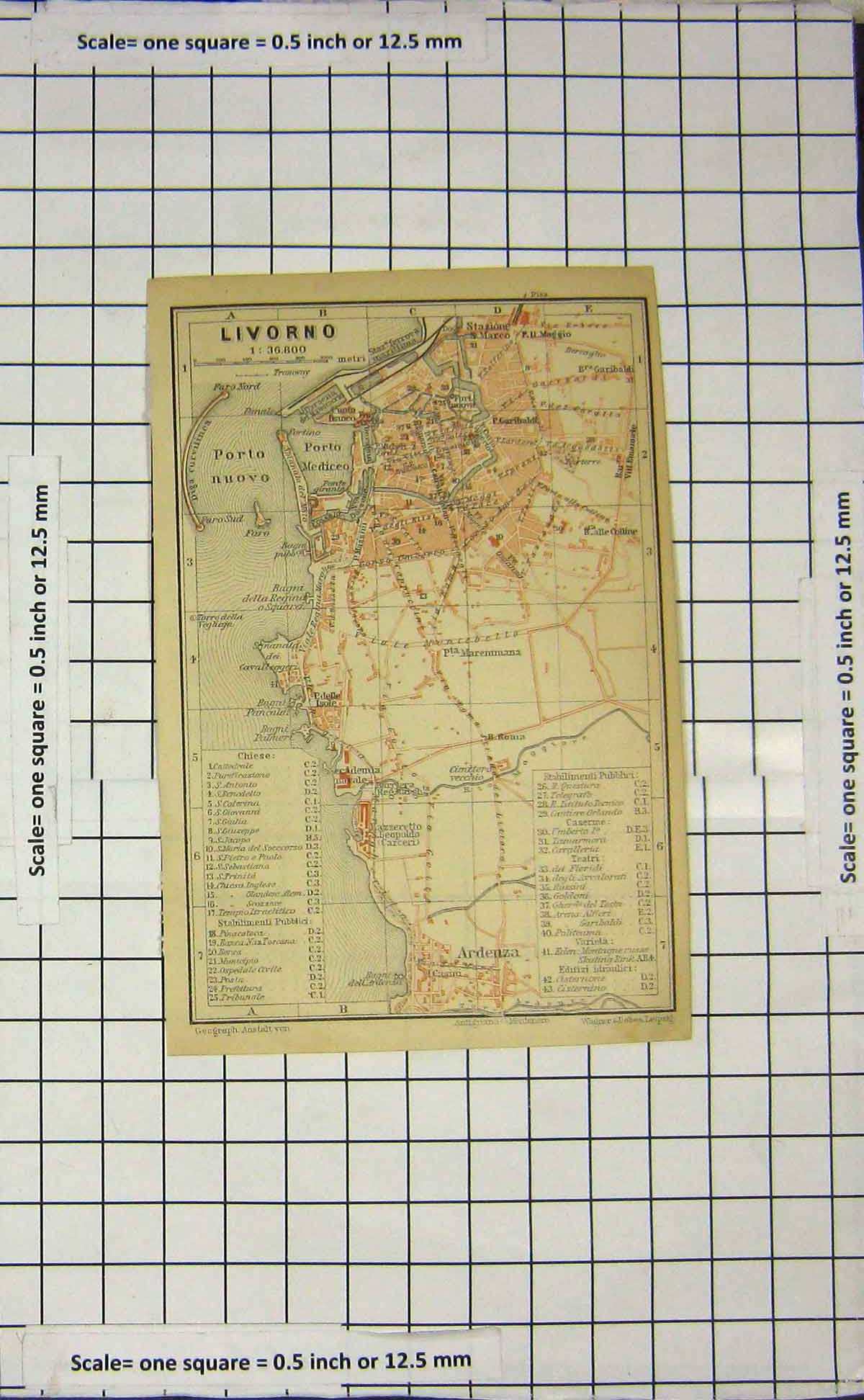 Original Old Antique Print Map Italy Street Plan Livorno Porto Nuovo