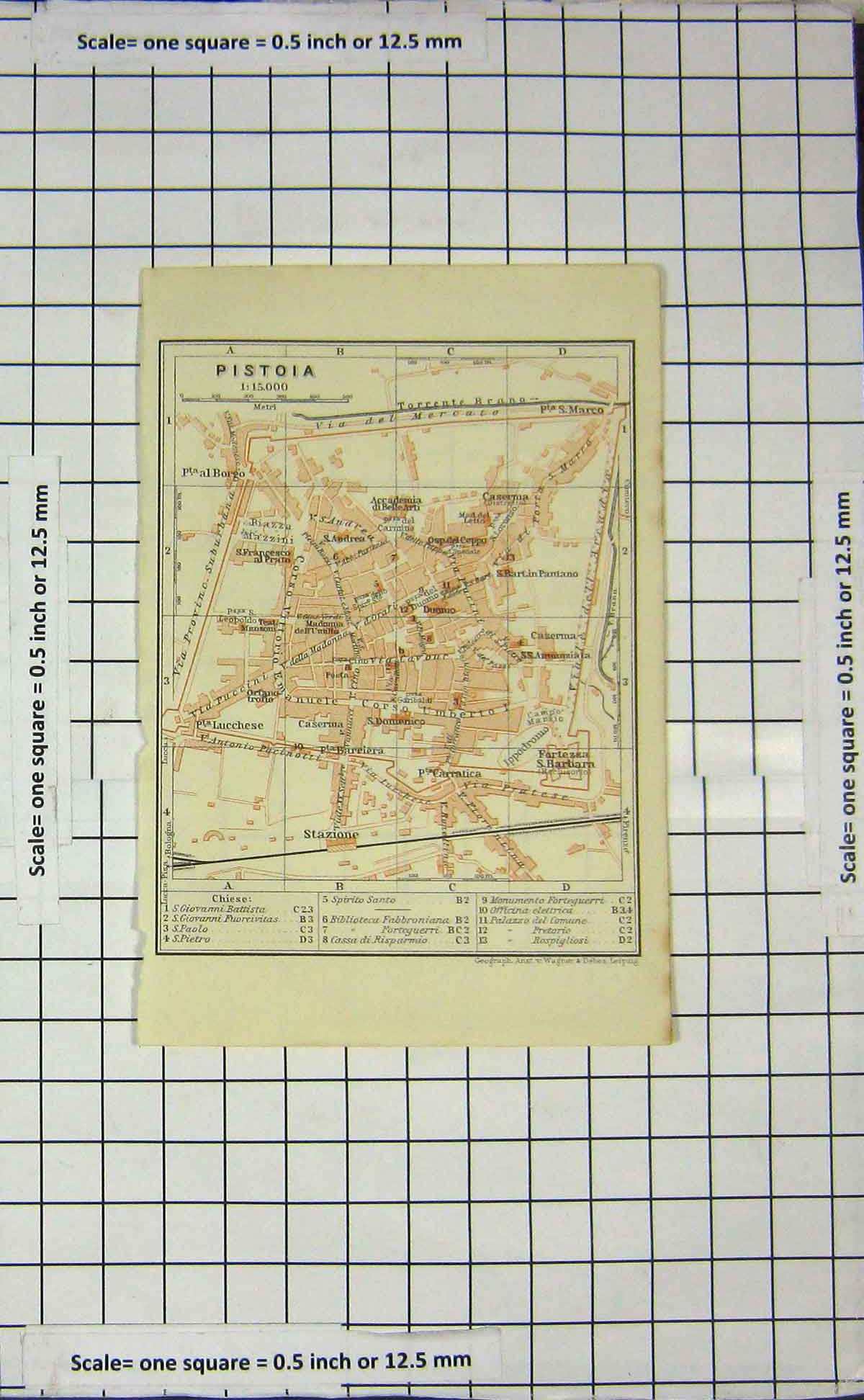 Original Old Antique Print Map Italy Street Plan Pistoia Borgo Barbara