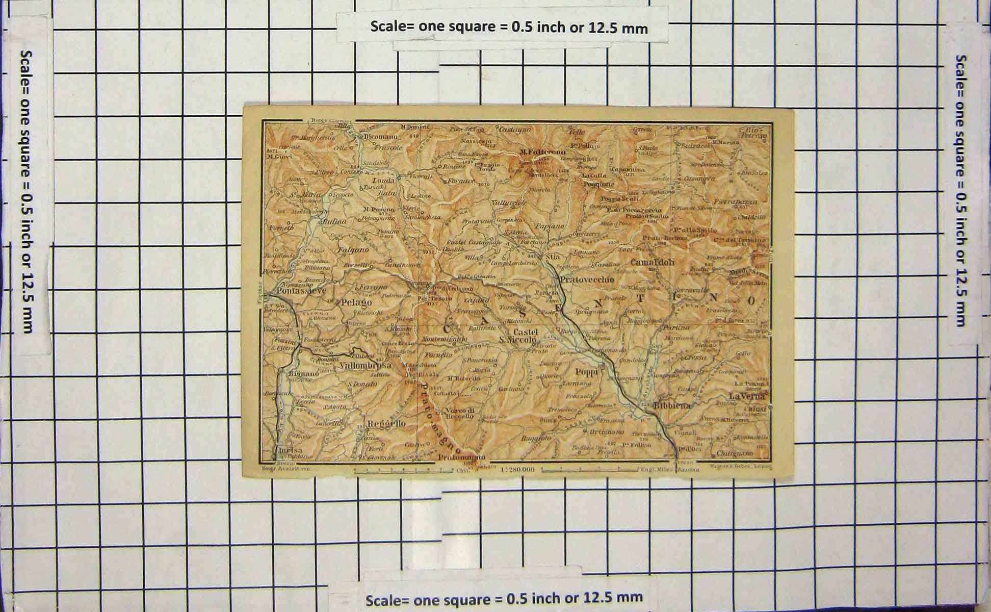Original Old Antique Print Map Italy Pelago Pontassieve Poppi Verna