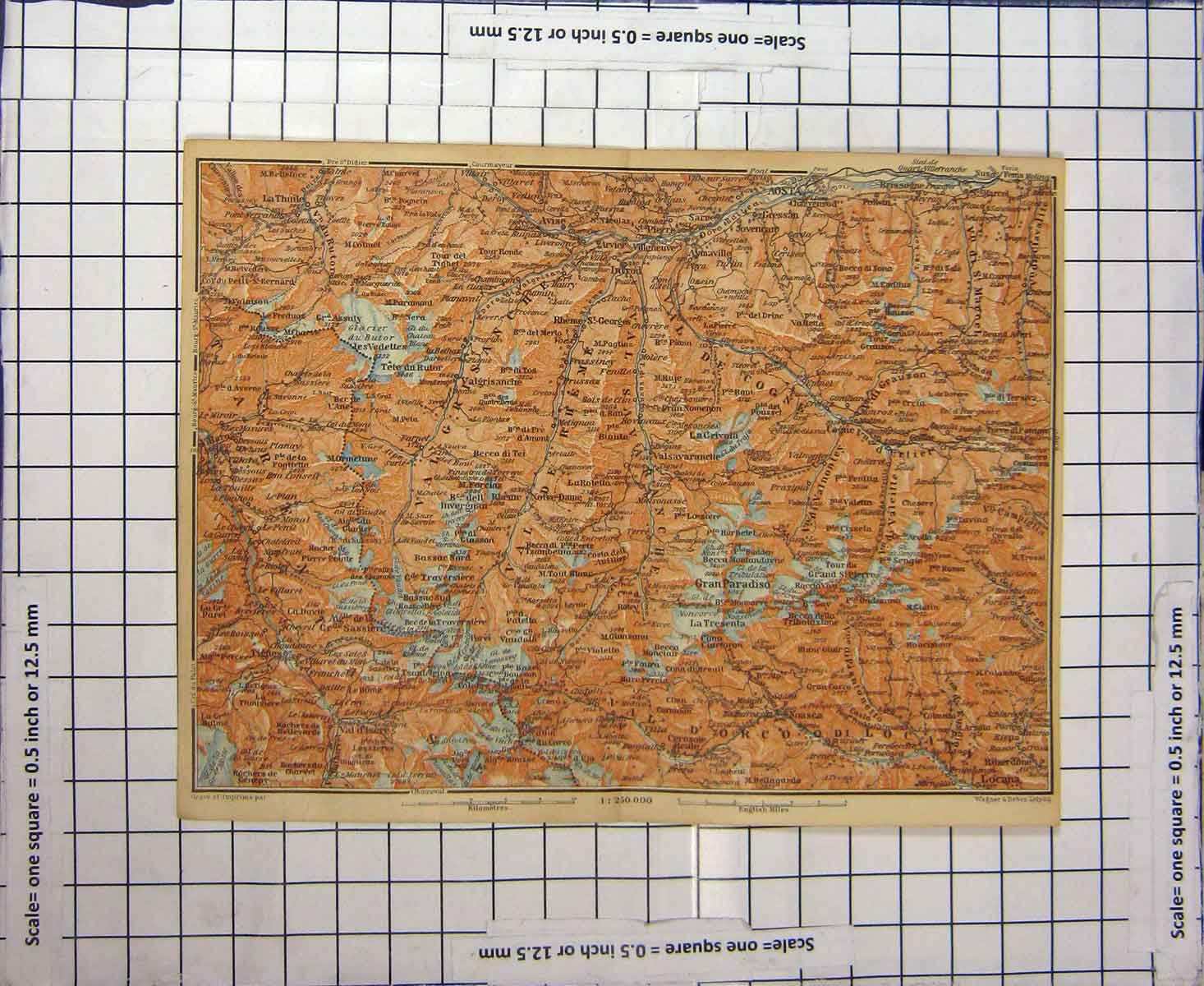 Original Old Antique Print Map Italy Mountains Gran Paradiso St. Pierre