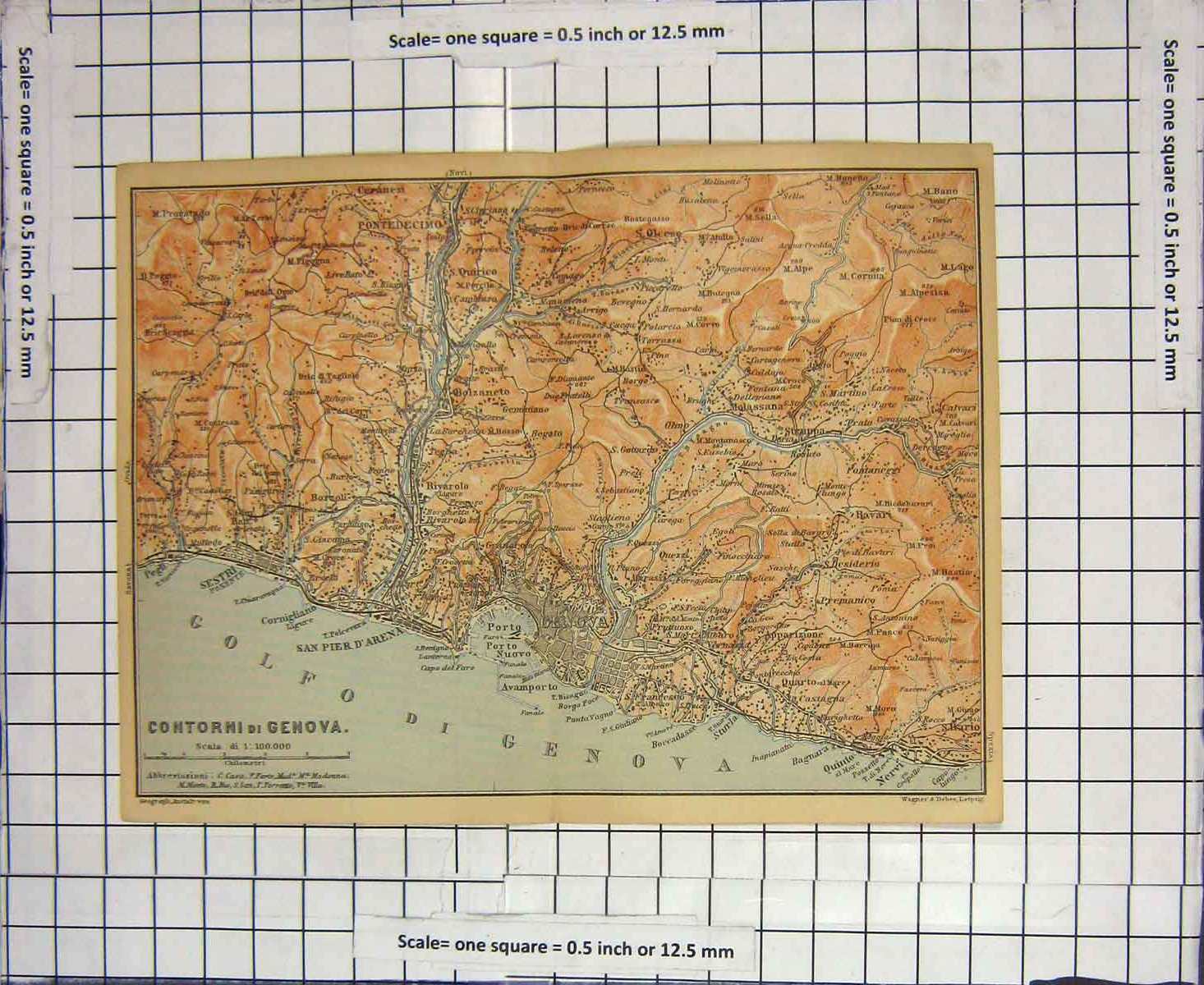 Original Old Antique Print Map Italy Sestri Nervi Contorni Genova Quinto