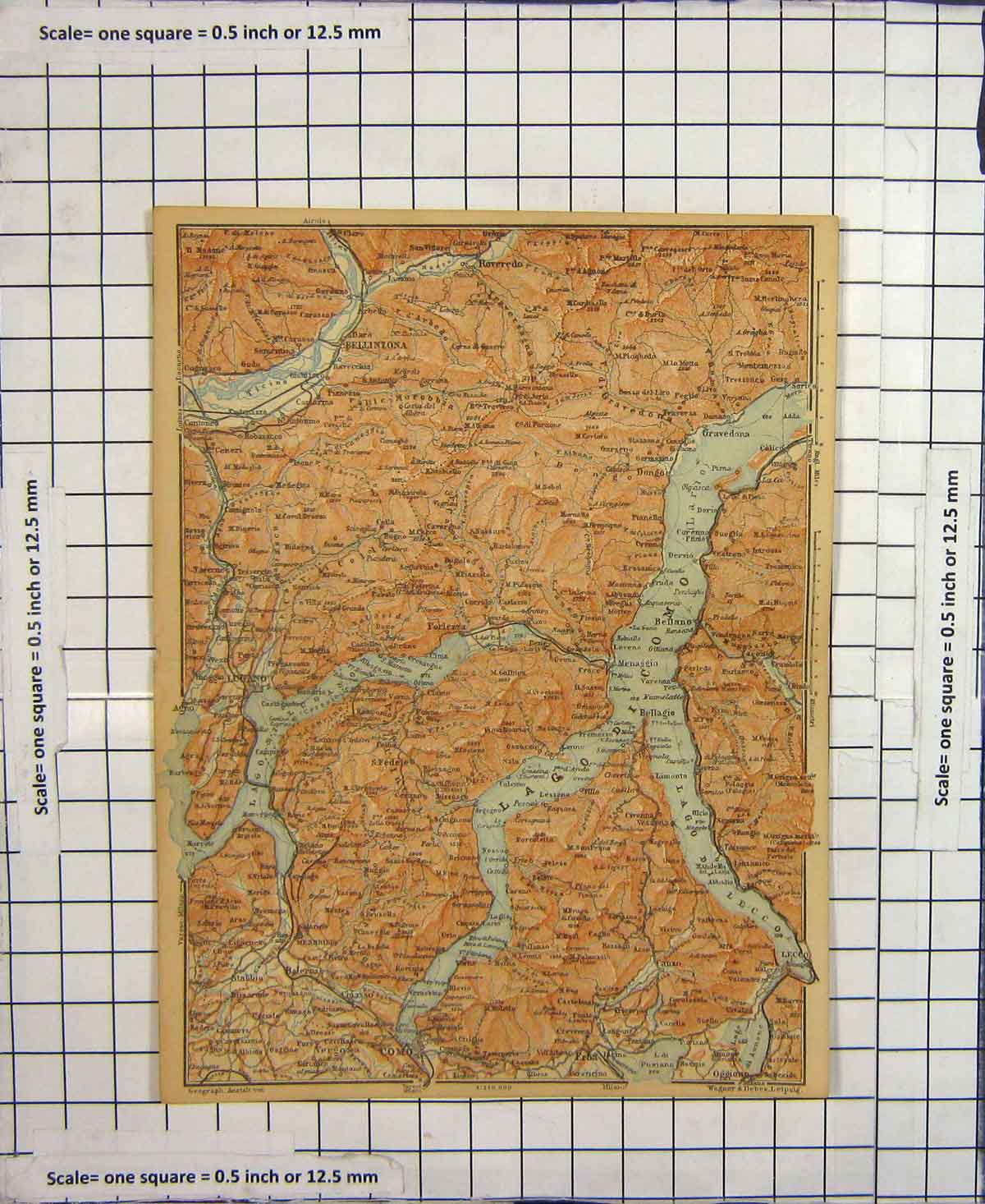 Original Old Antique Print *114 Map Italy Lago Como Lecco Lugano Bellinzona
