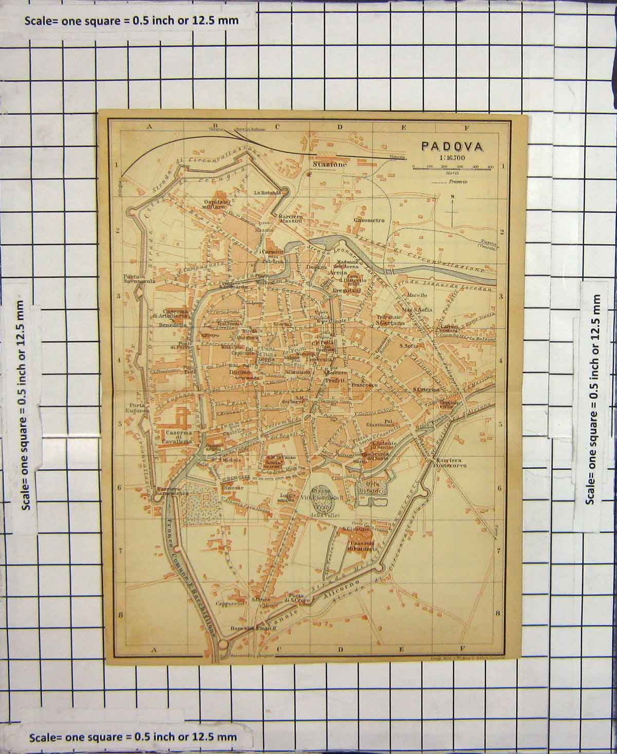 Original Old Antique Print Map Italy Street Plan Padova Canale Alicorno