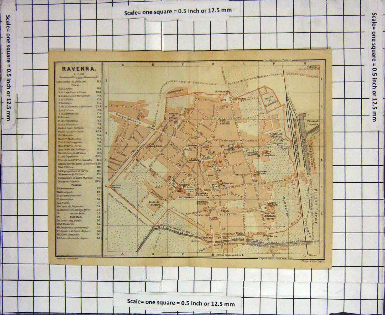 Original Old Antique Print Map Italy Street Plan Ravenna Borgo Adriano