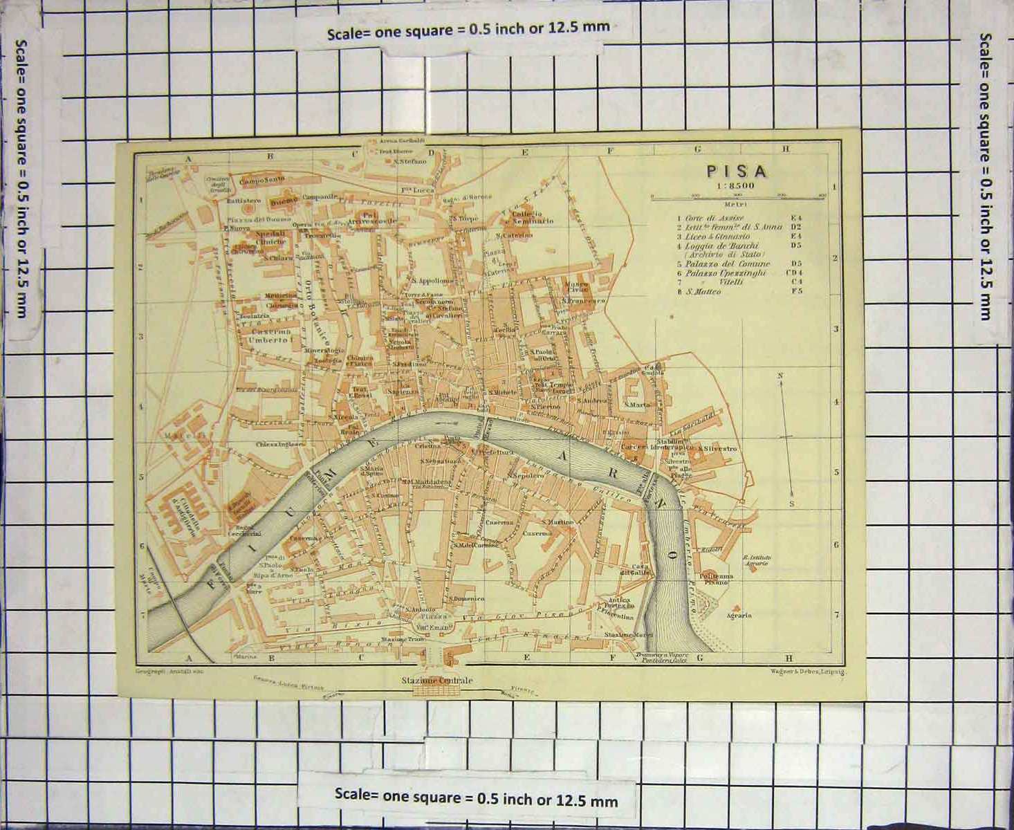 Original Old Antique Print *115 Map Italy Street Plan Pisa Fiume Arno River