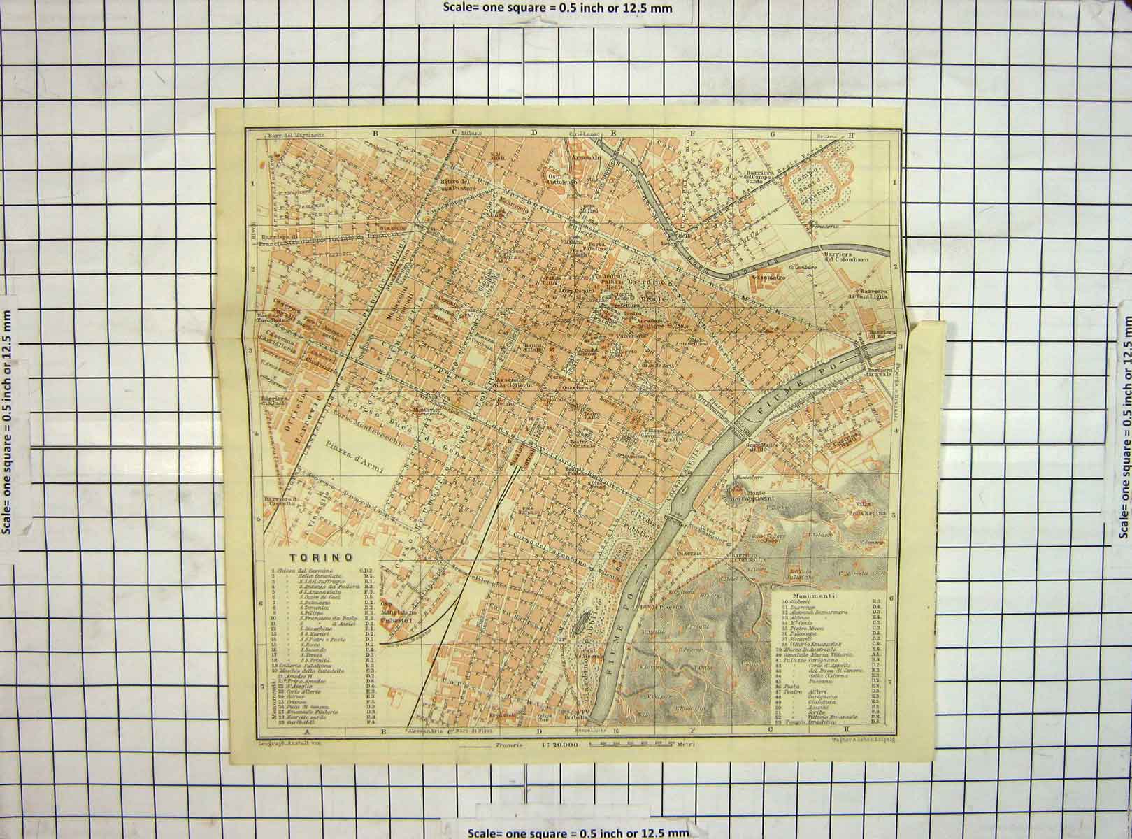 Original Old Antique Print Map Italy Street Plan Torino Fiume Po River