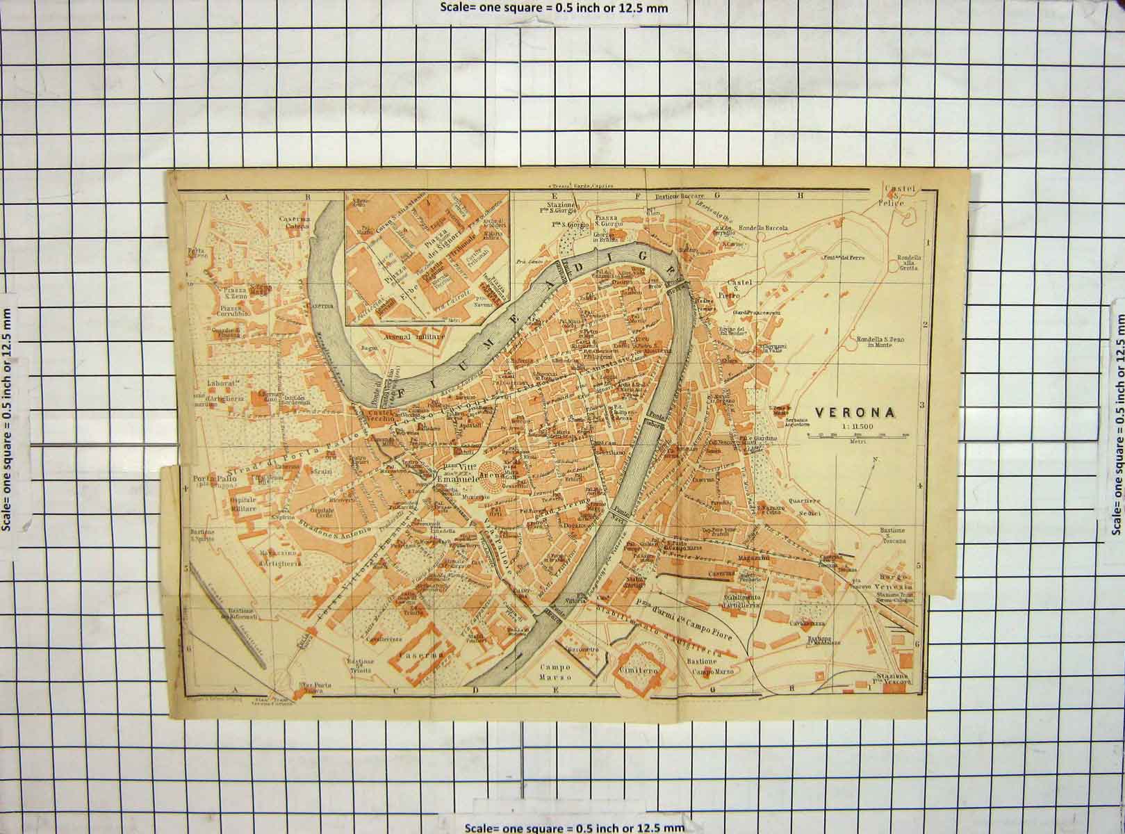 Original Old Antique Print Map Italy Street Plan Verona Fiume Dige