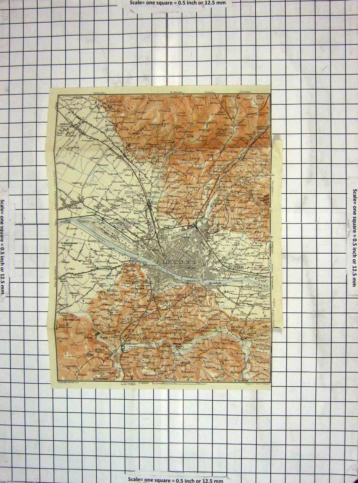 Original Old Antique Print Map Italy Plan Firenze River Arno Sesto